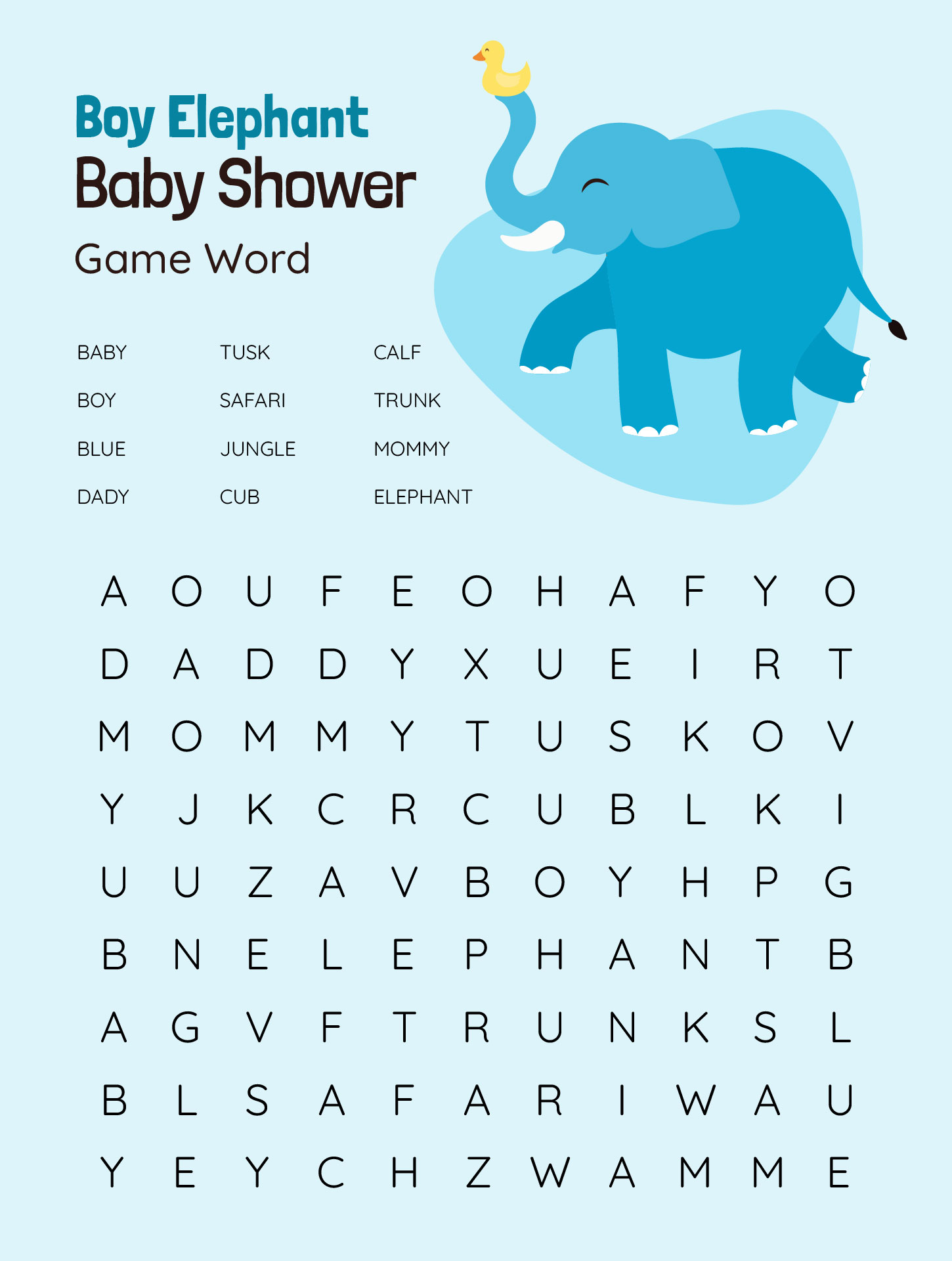 Boy Elephant Baby Shower Game Word