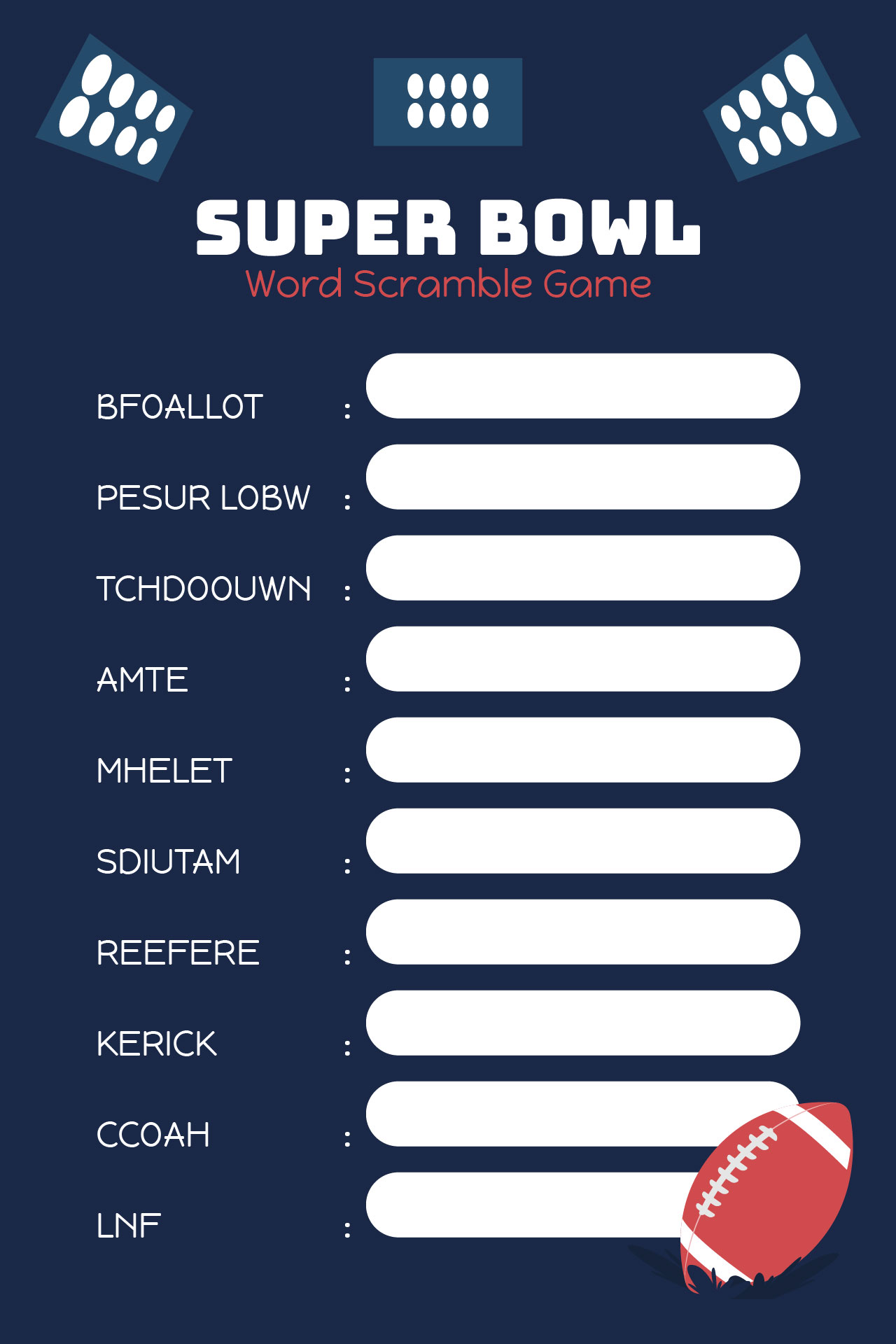 Super Bowl Football Word Scramble Game