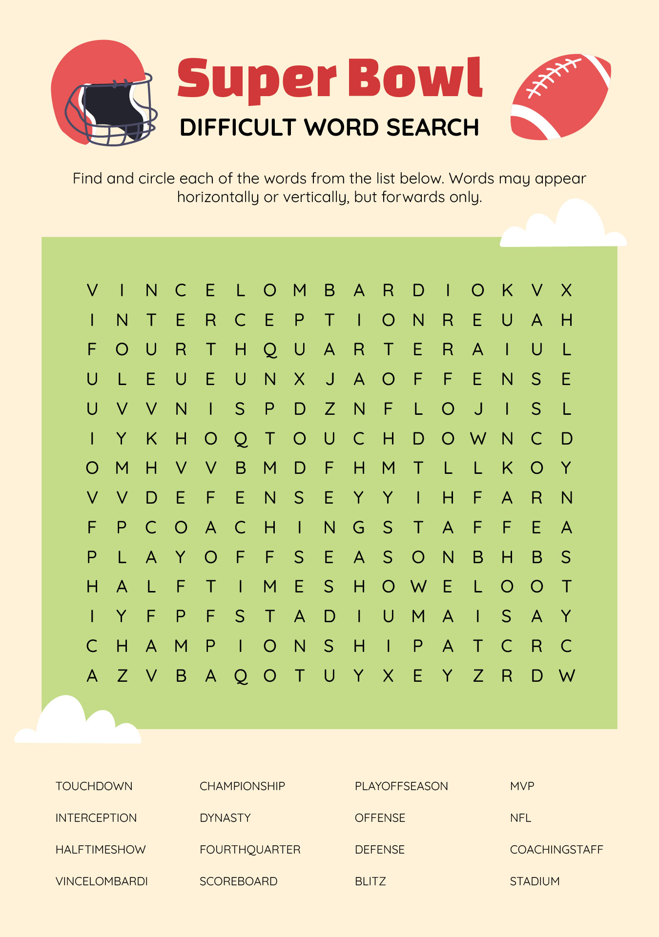 Super Bowl Difficult Word Search