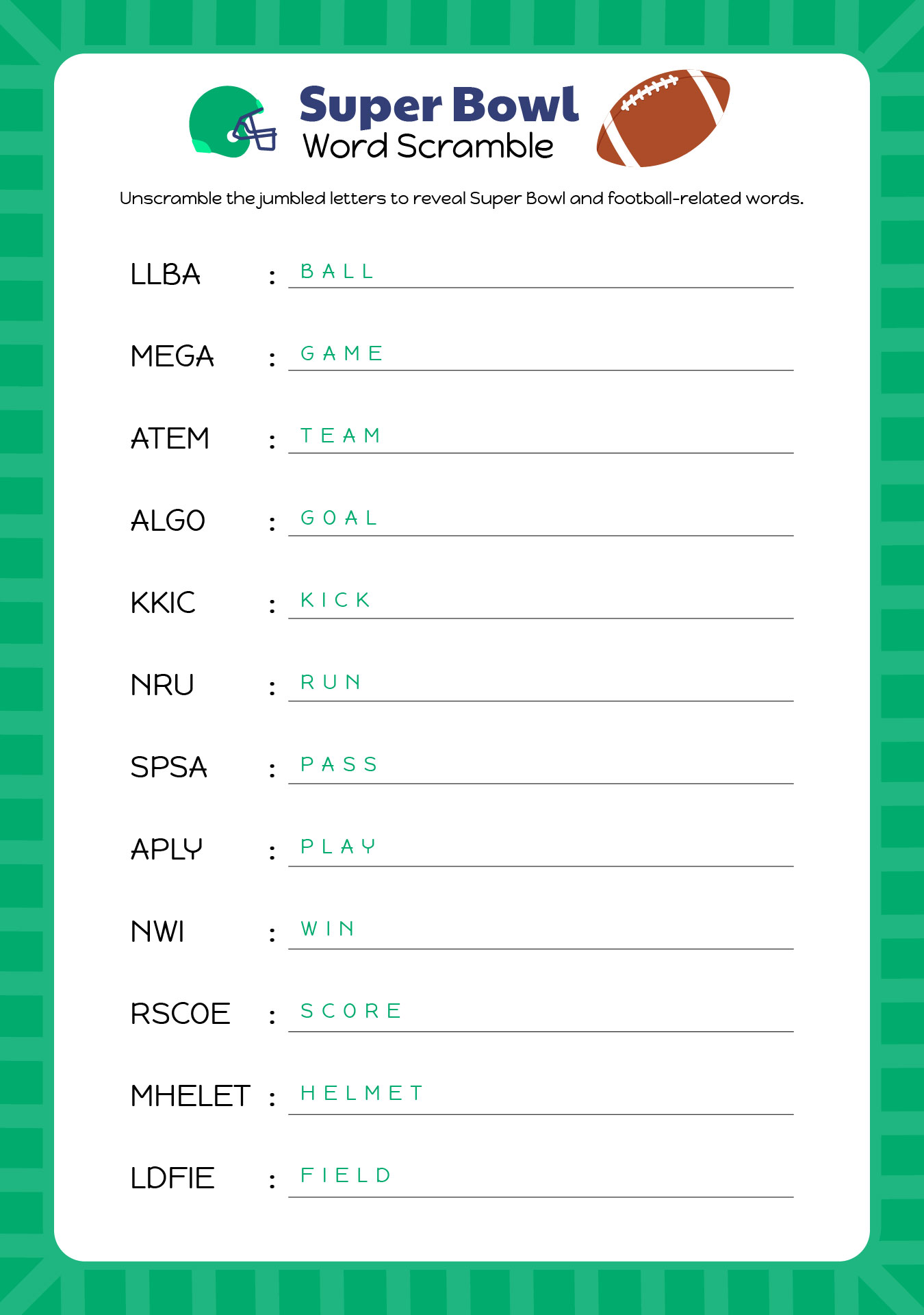 Unscramble Football Word Scramble Answers