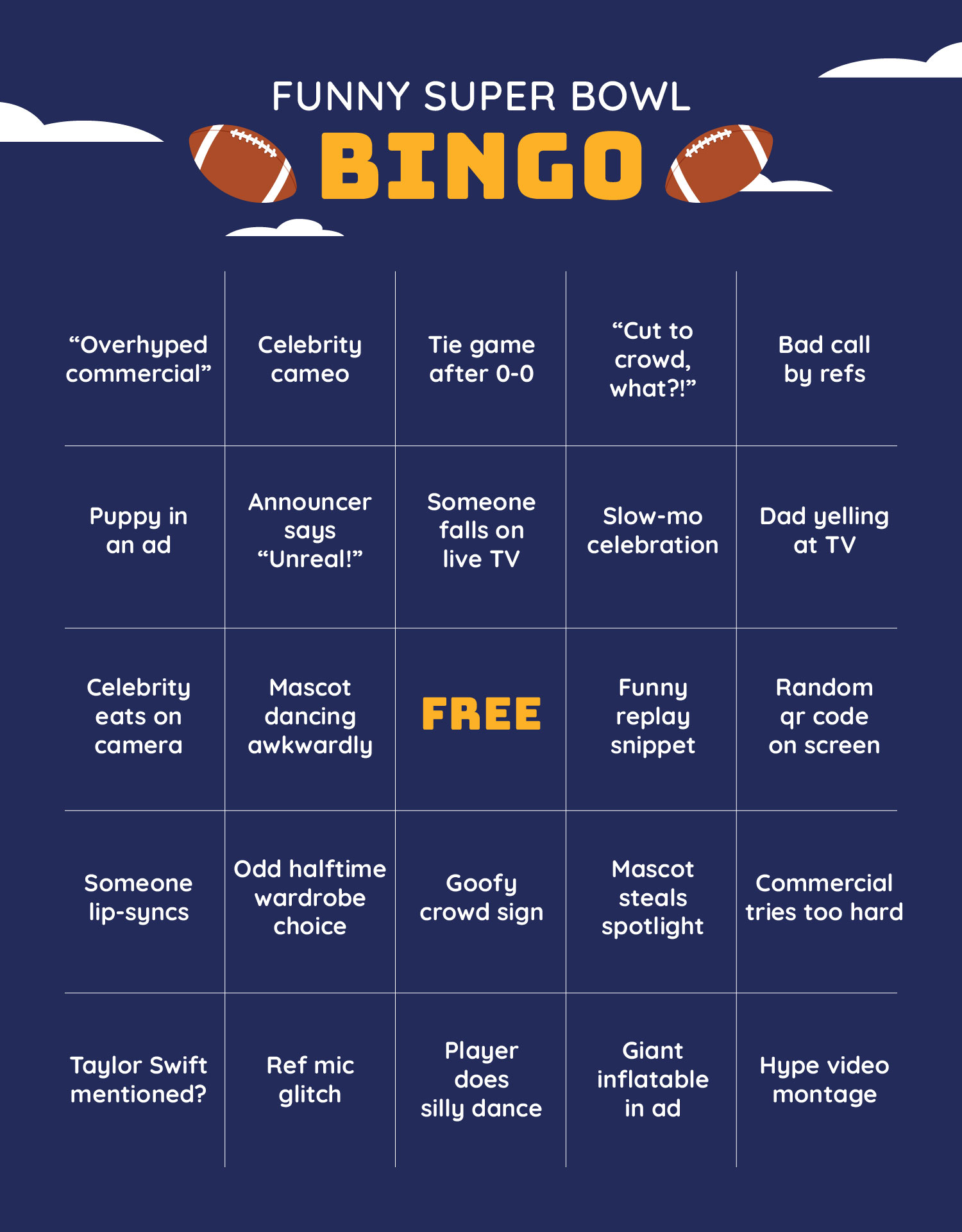 Funny Super Bowl Bingo Cards