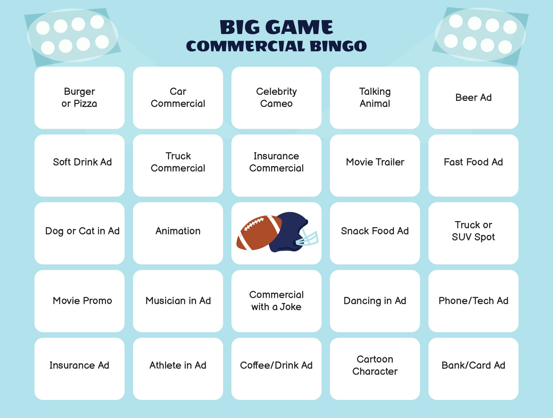 The Big Game Football Commercial Bingo