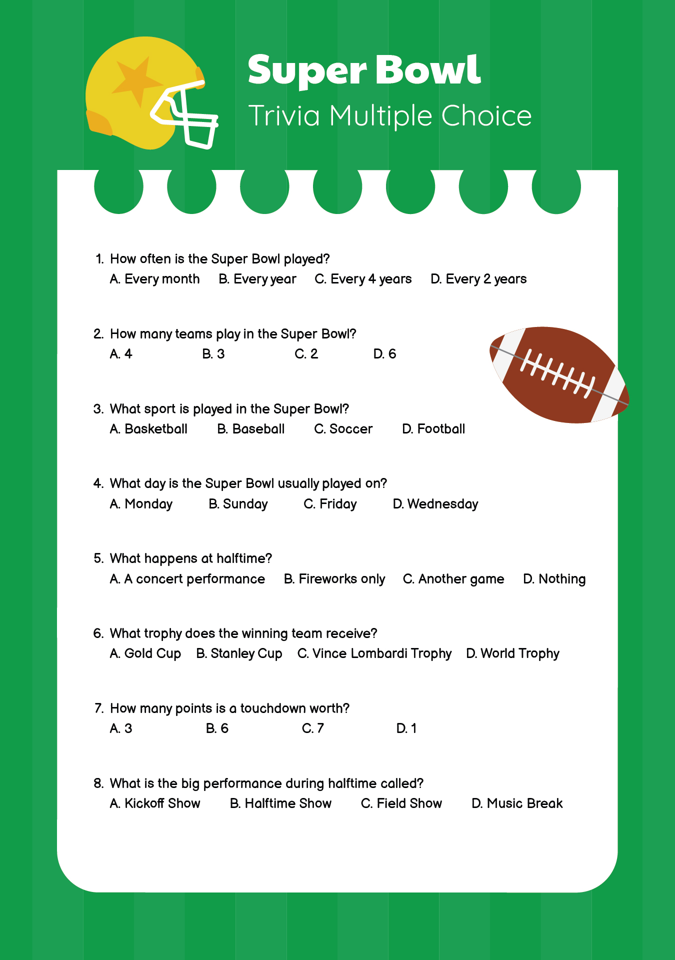 Multiple Choice Super Bowl Trivia Printable