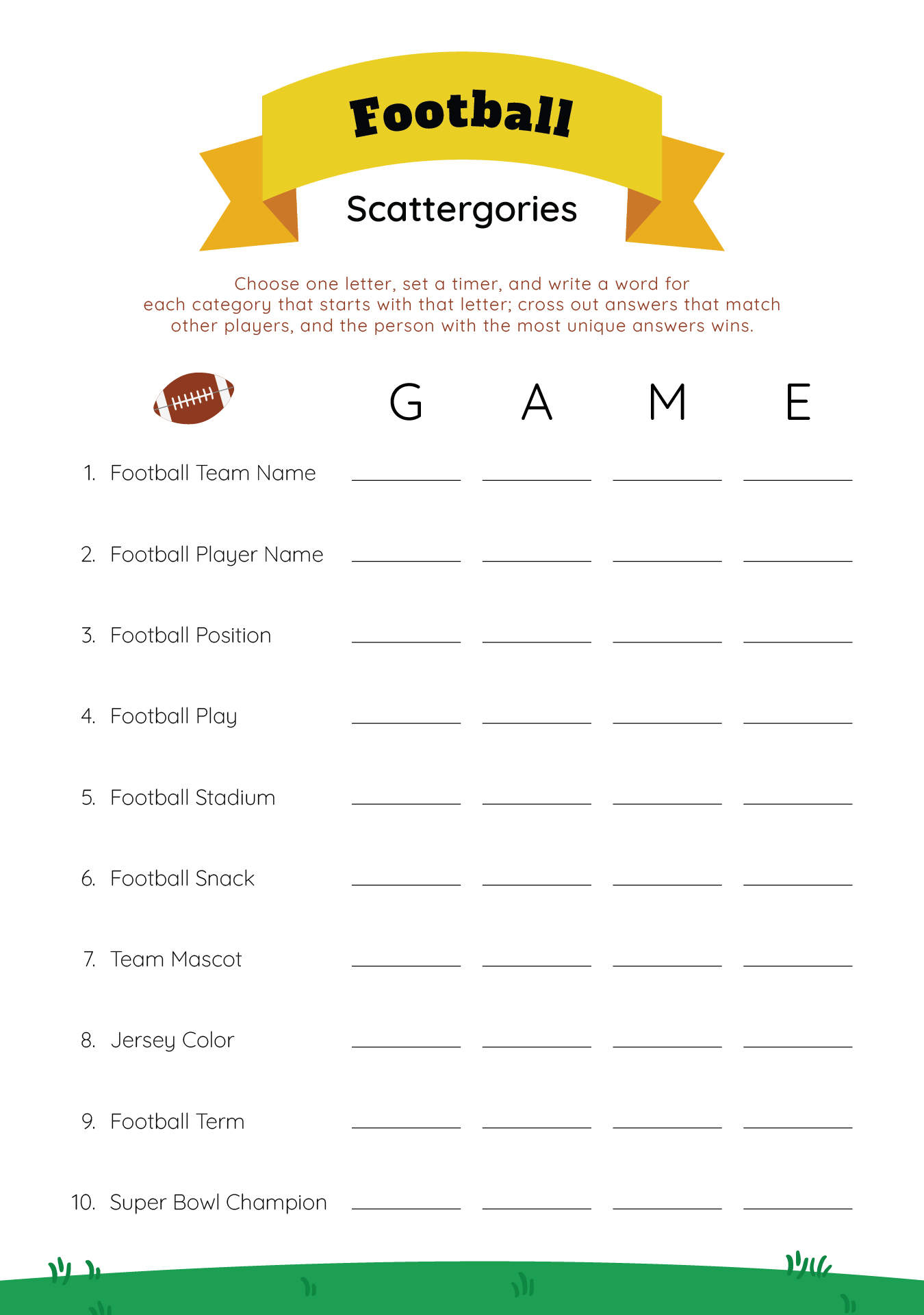Football Scattergories Game Printable