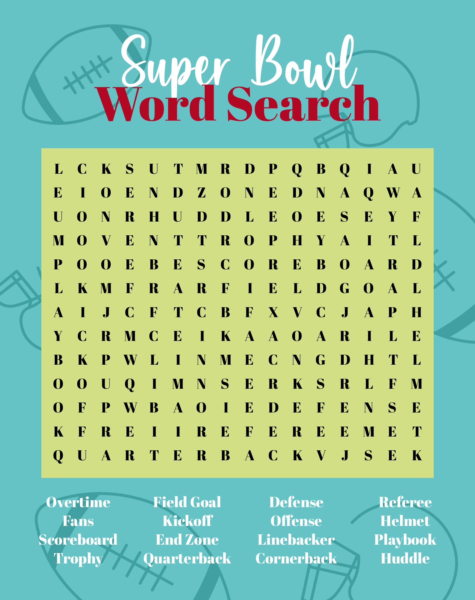 Super Bowl Watch Party Big Game Word Search