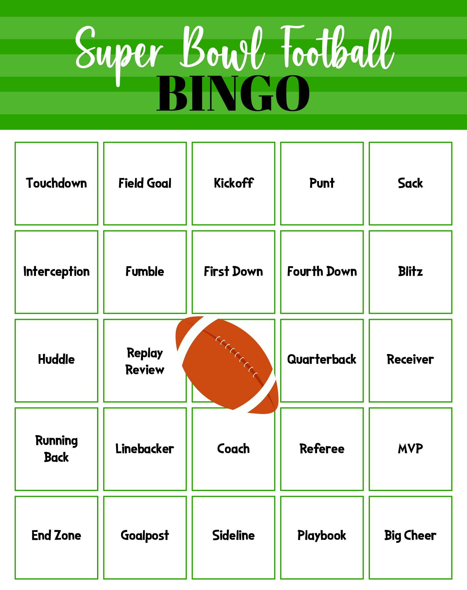 Super Bowl Football Game Day Bingo Cards