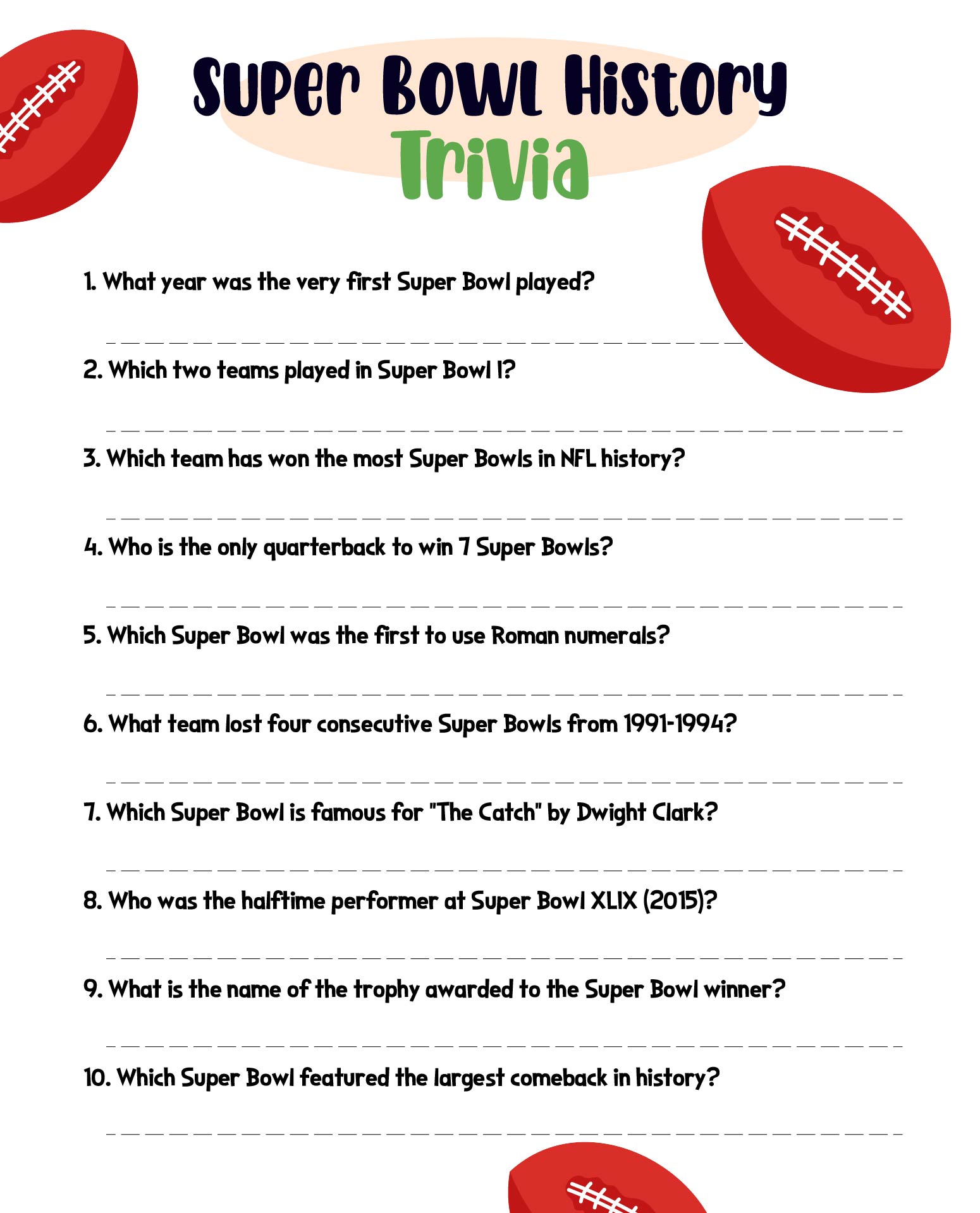 Super Bowl History Trivia Party Game