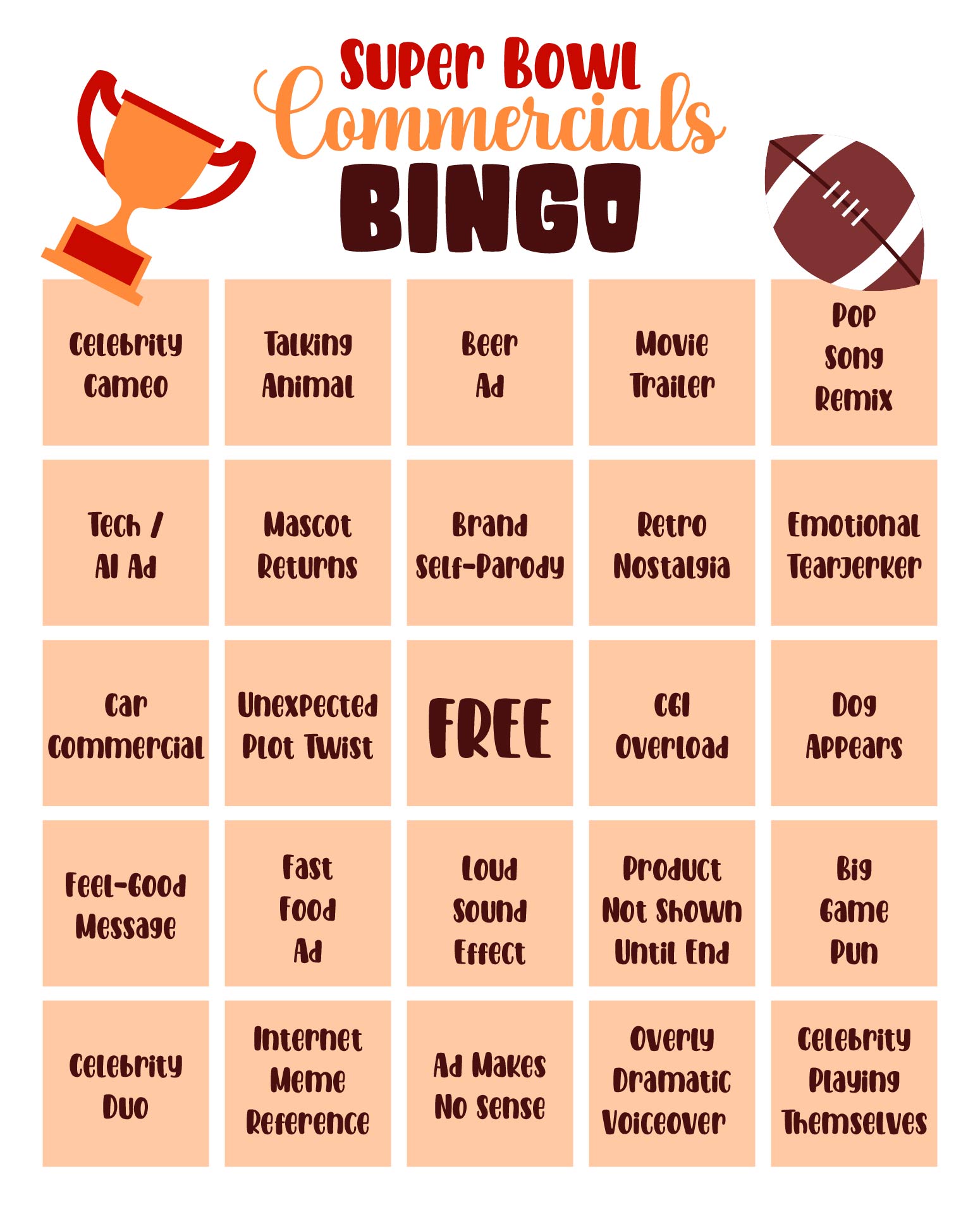 Super Bowl Commercials Bingo Printable