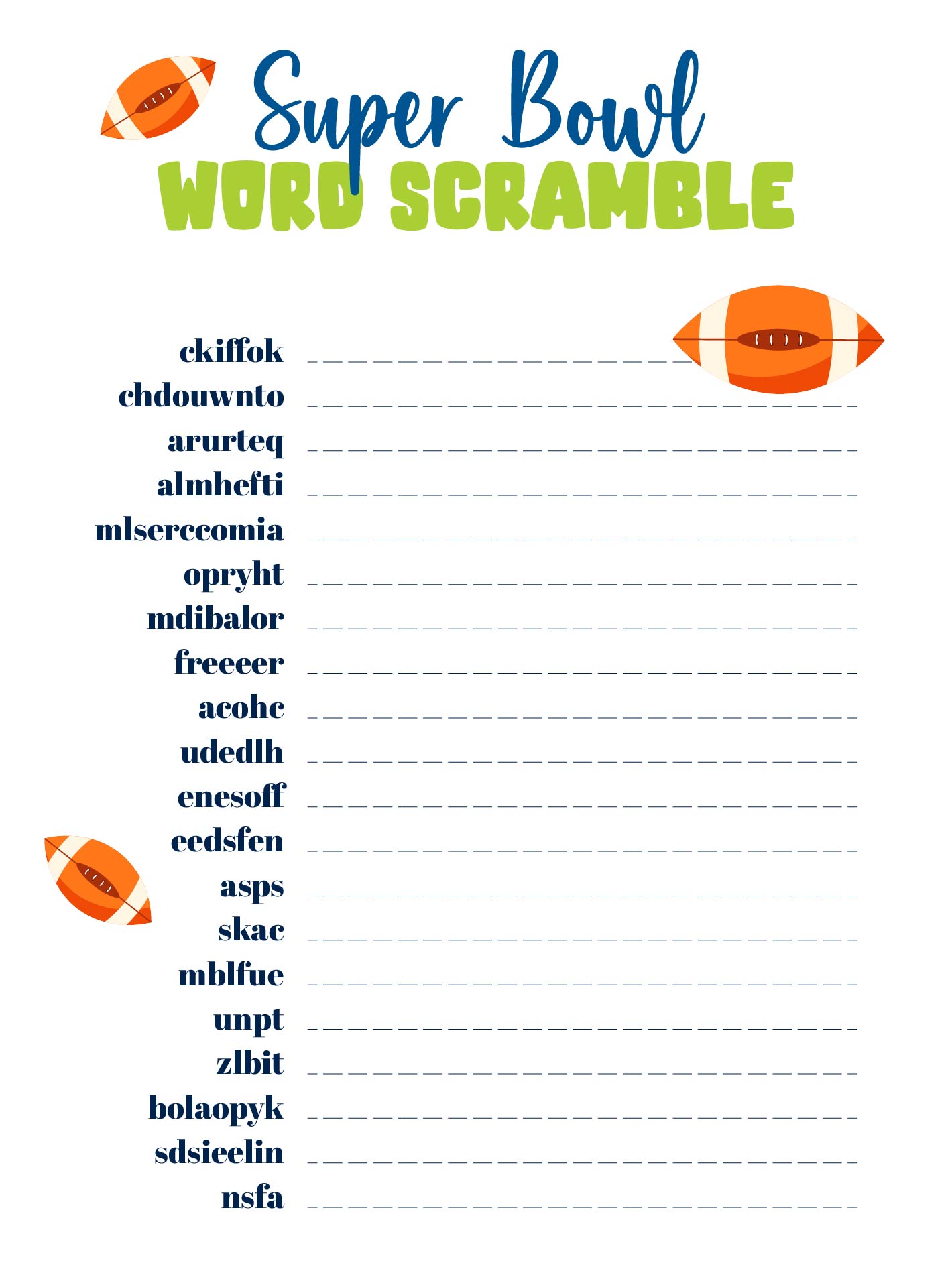 Super Bowl Sunday Word Game Scramble