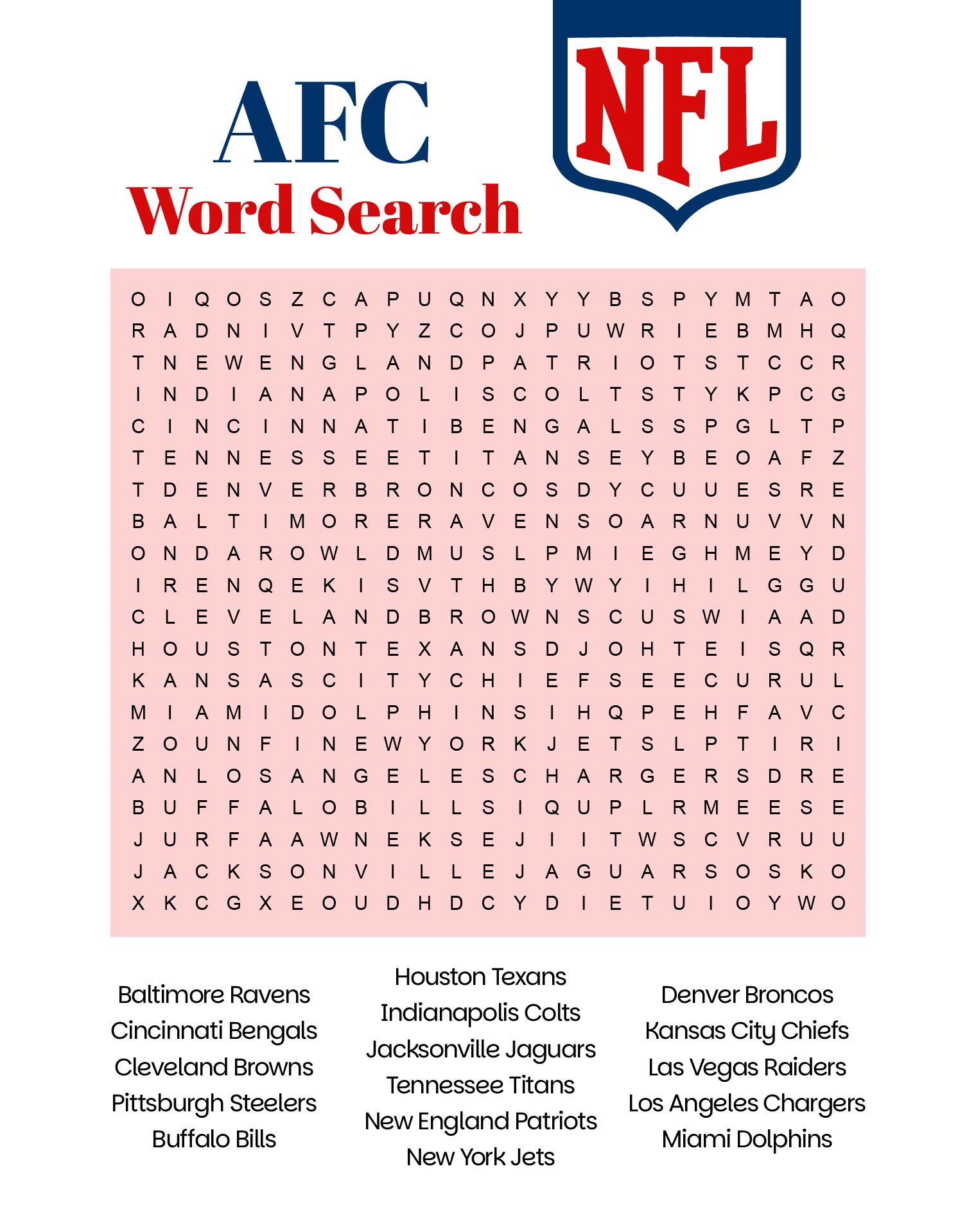 NFL Teams Word Search For Super Bowl