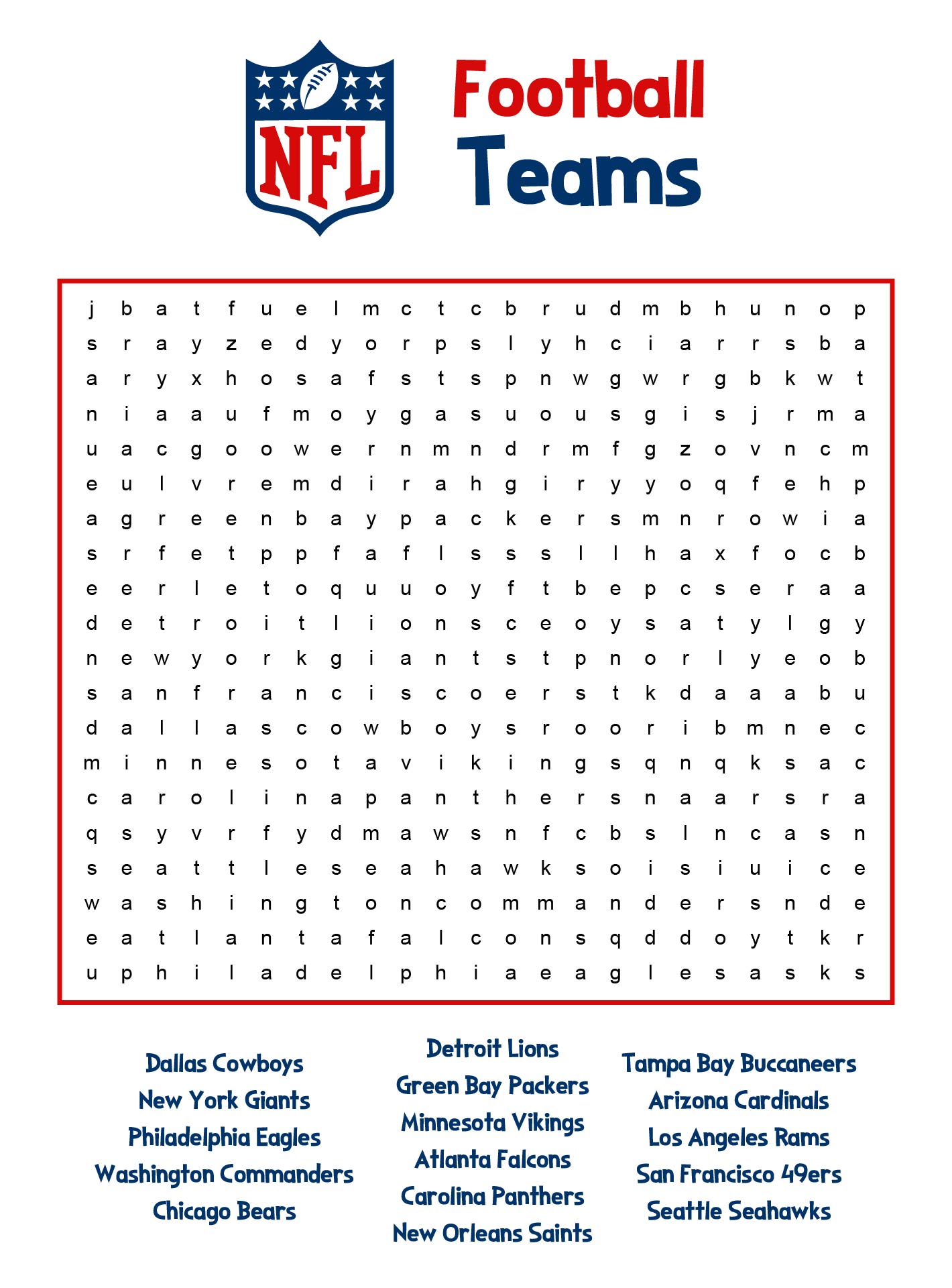 American Football Teams Word Search
