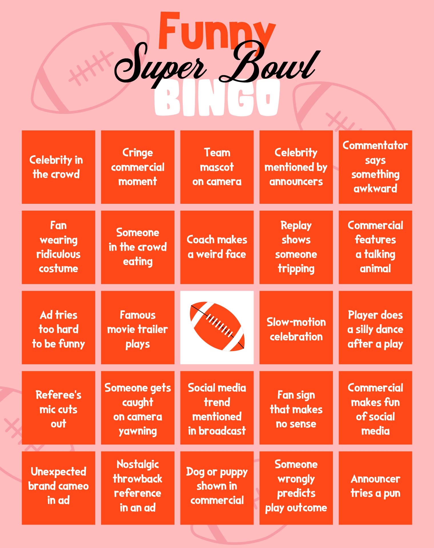 Funny Super Bowl Bingo Card