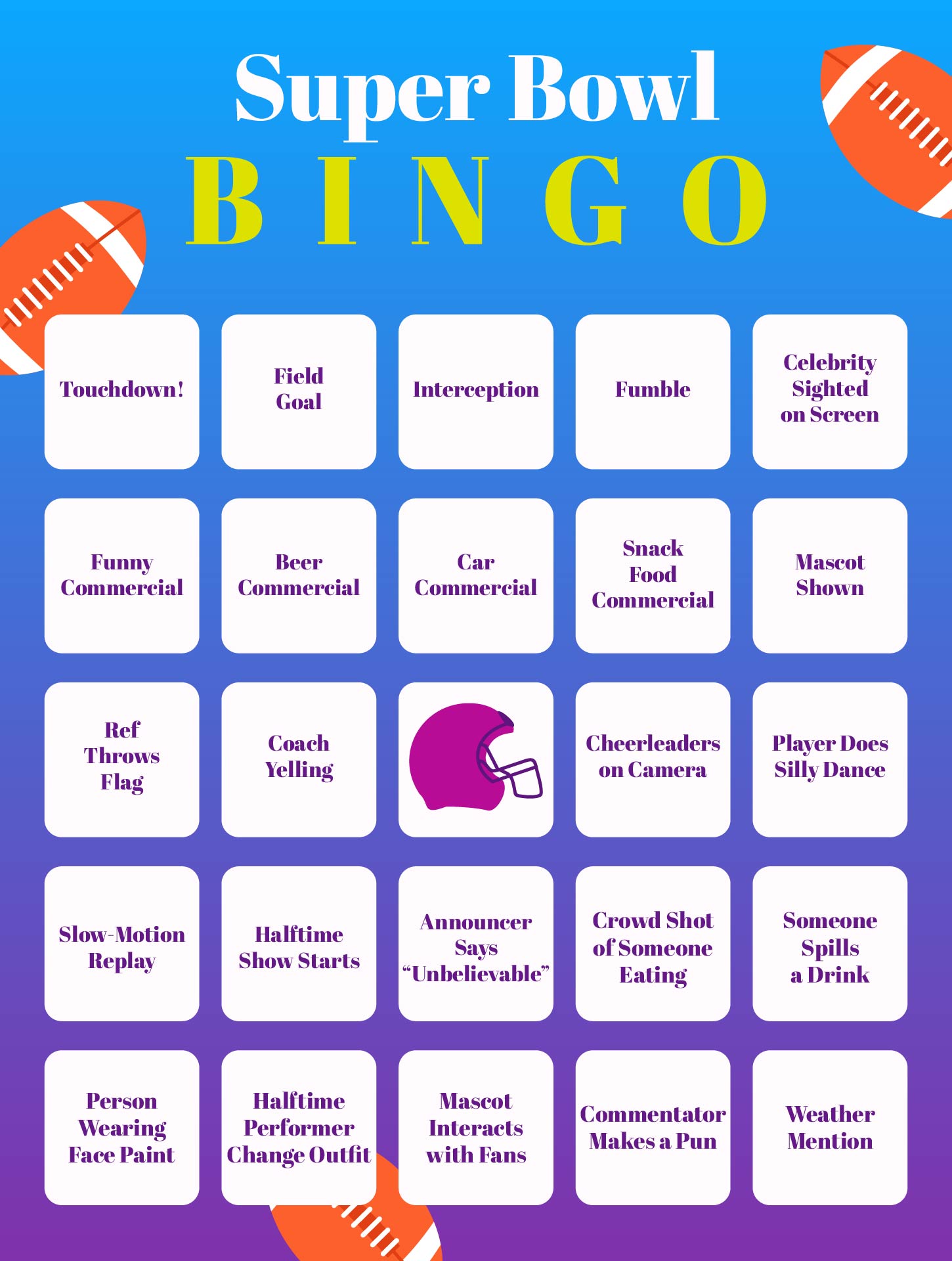 Superbowl Bingo Cards For Your Party