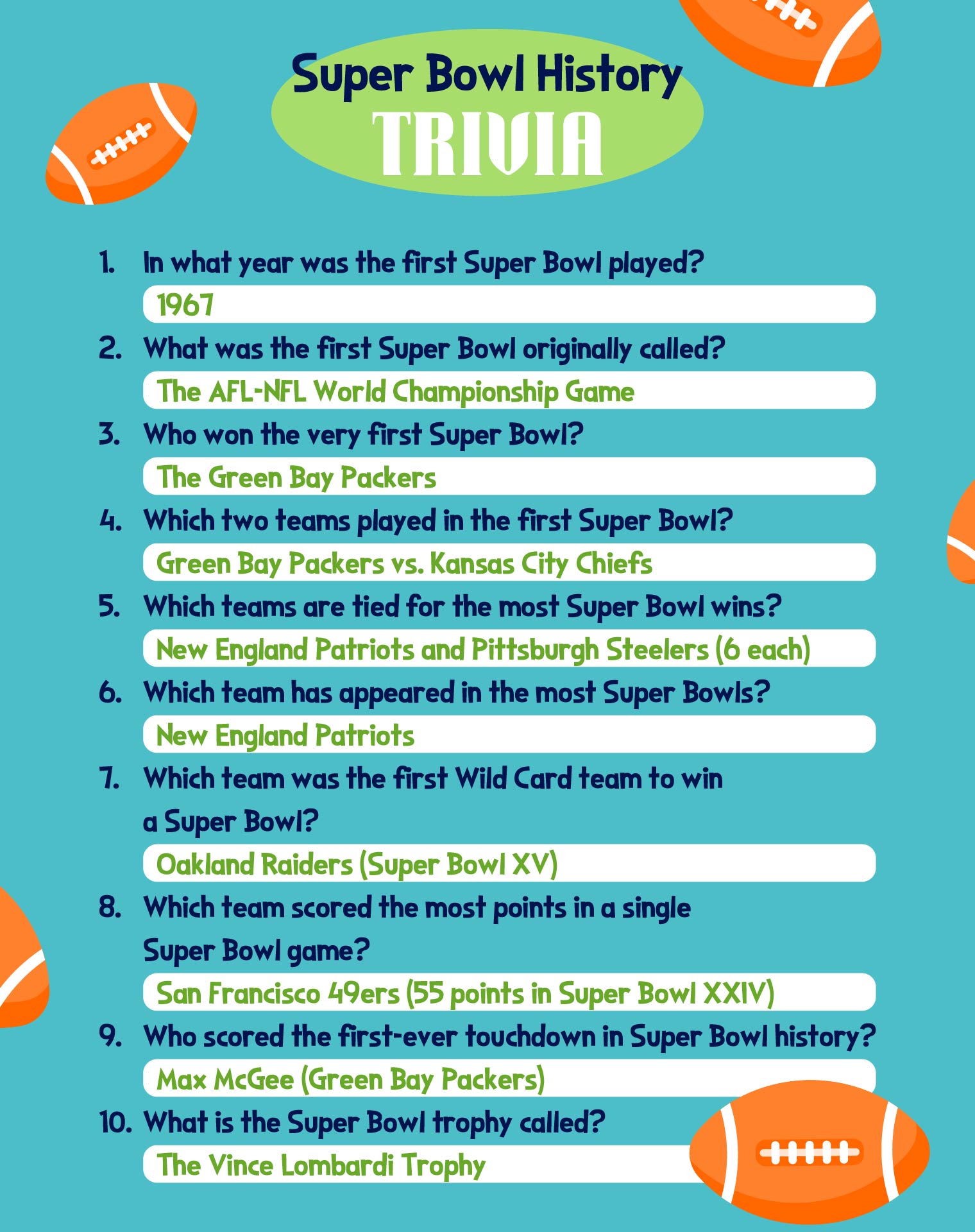 Super Bowl History Trivia Sheet With Answers