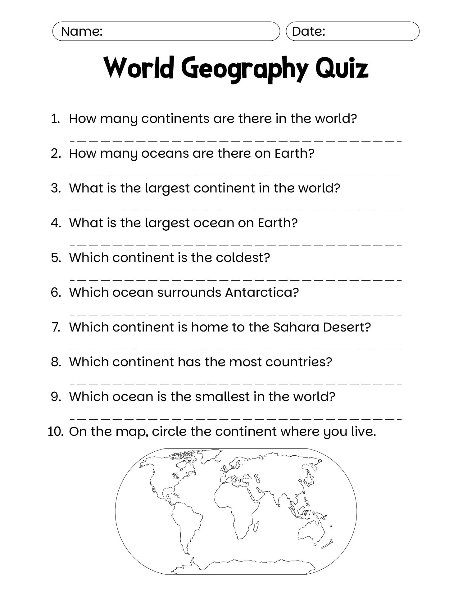 World Geography Quiz Printable World Geography Quiz Printable