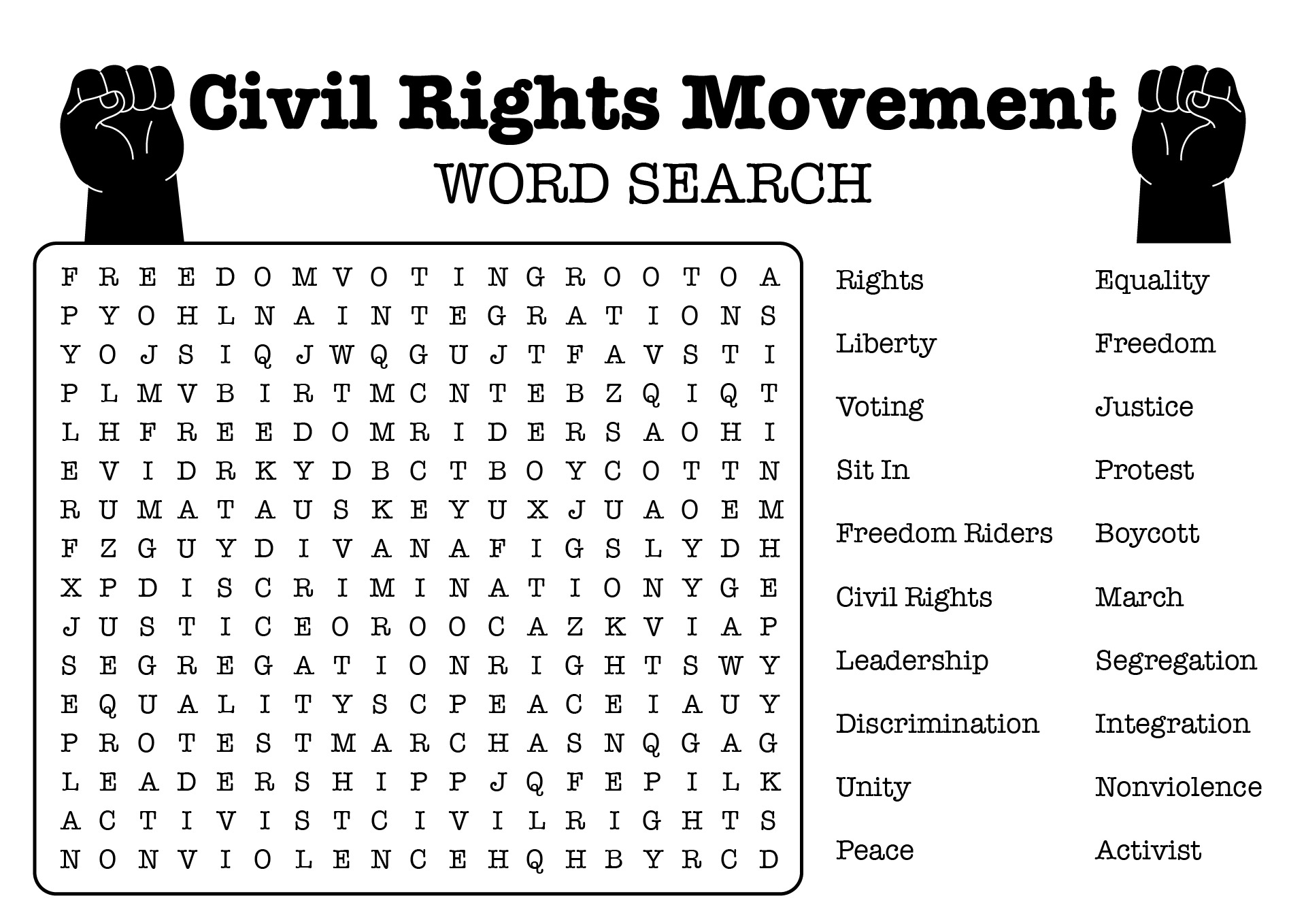 Civil Rights Movement Word Search Games