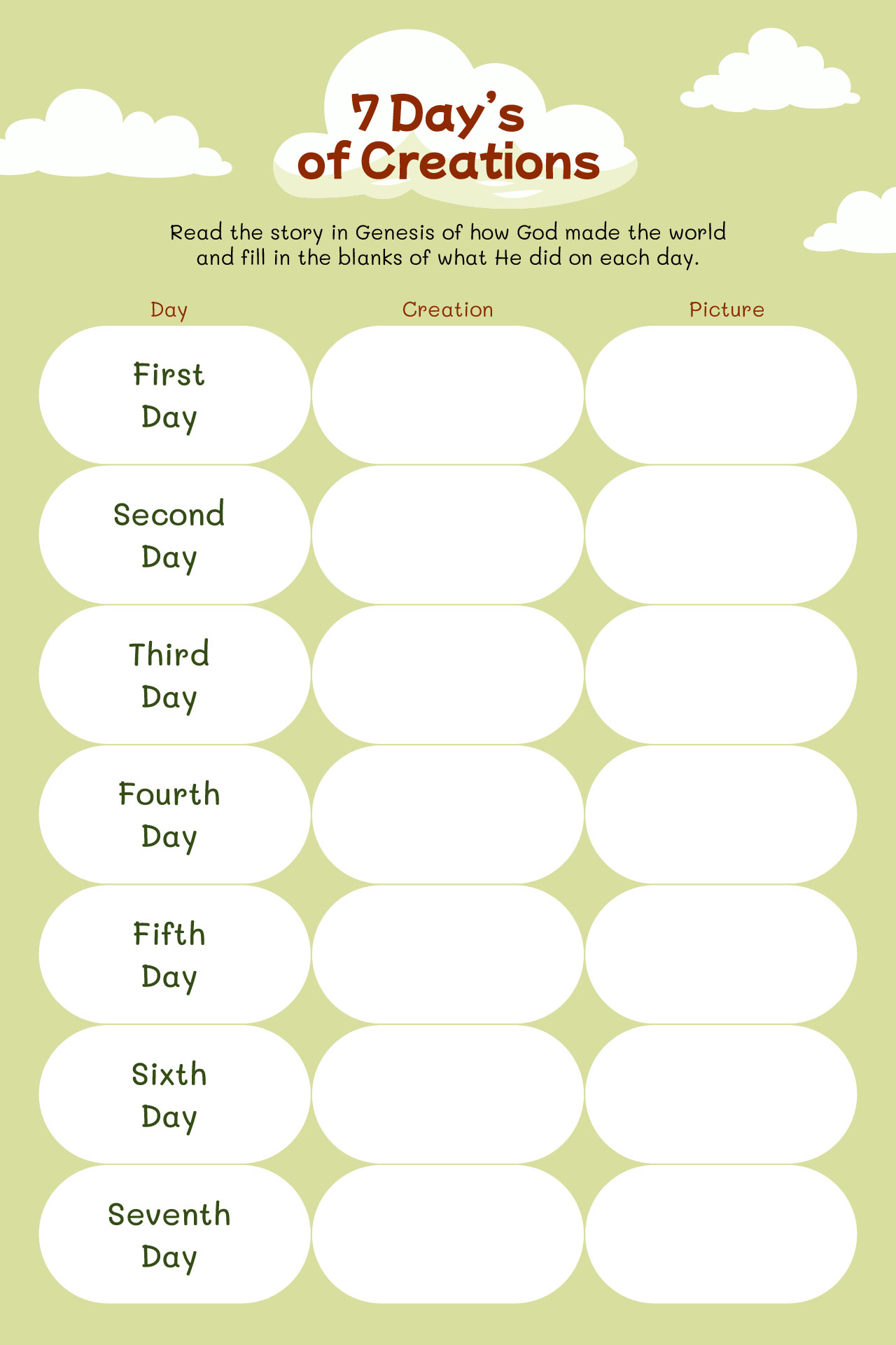 7 Days Of Creation Worksheet 7 Days Of Creation Worksheet