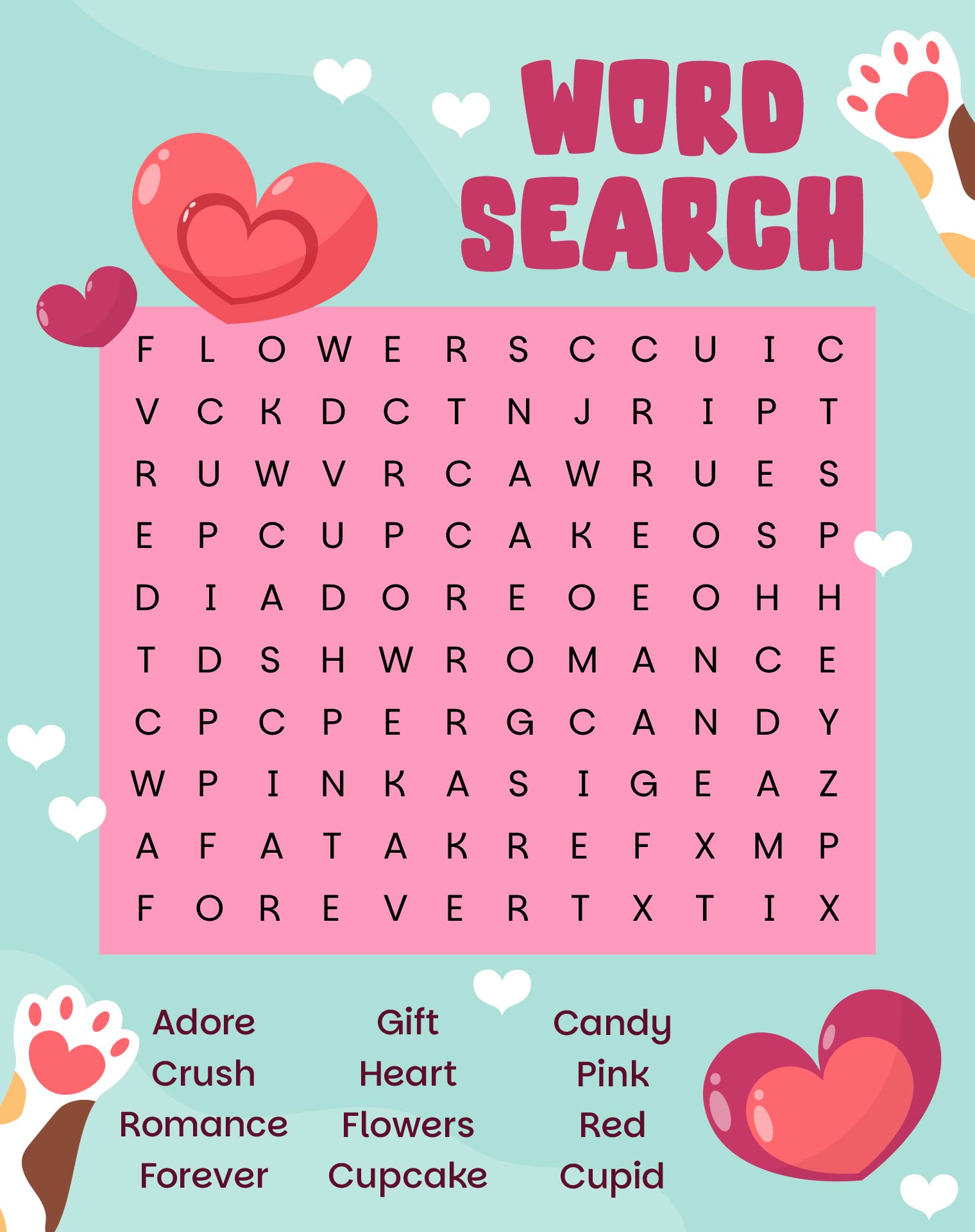 Heart-themed Word Search for Valentines Day