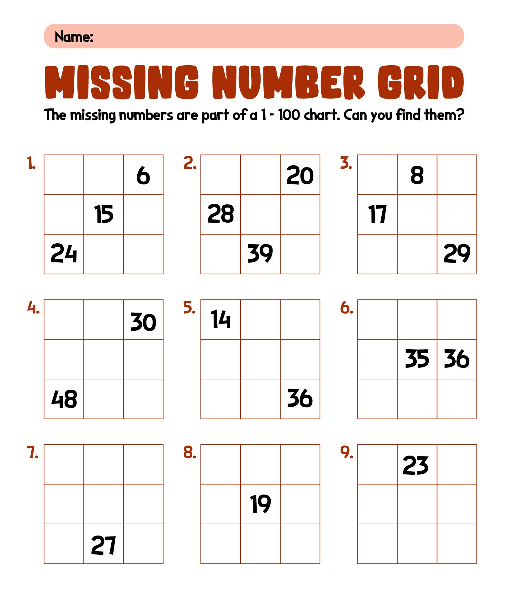 Missing Number Grids for Math Practice