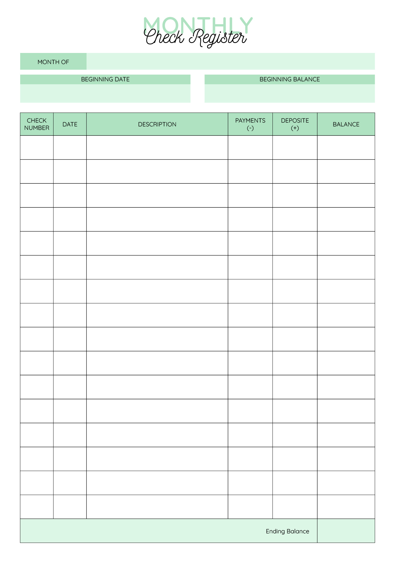 Monthly Check Register Printable Sheets Monthly Check Register Printable Sheets