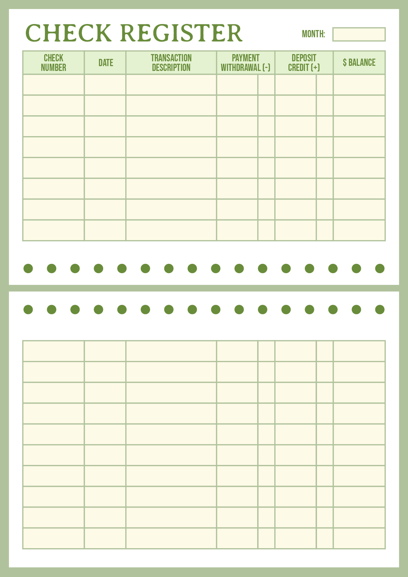 Oversized Checkbook Register Printable