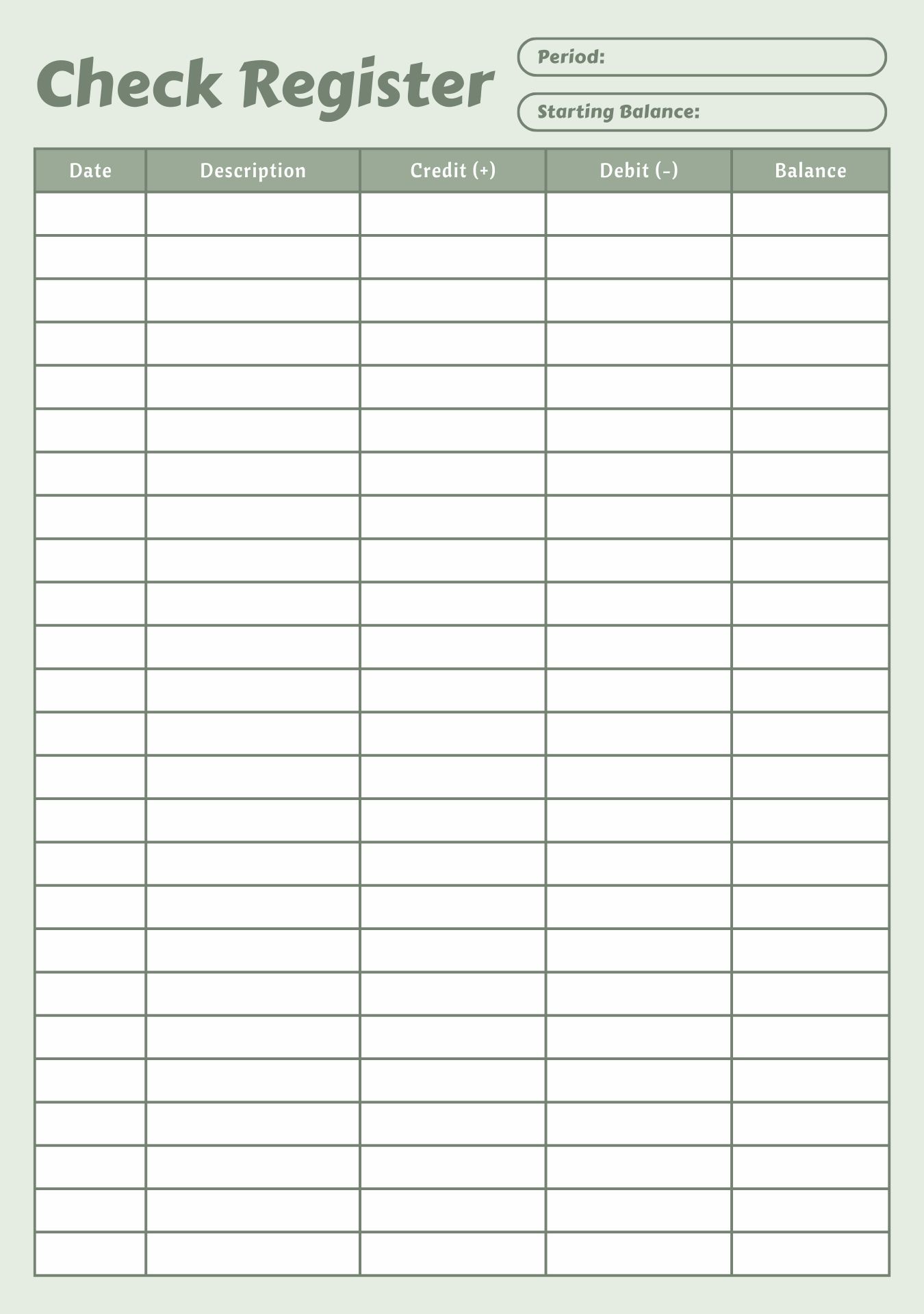 Printable Check Register Checkbook Size Tracker
