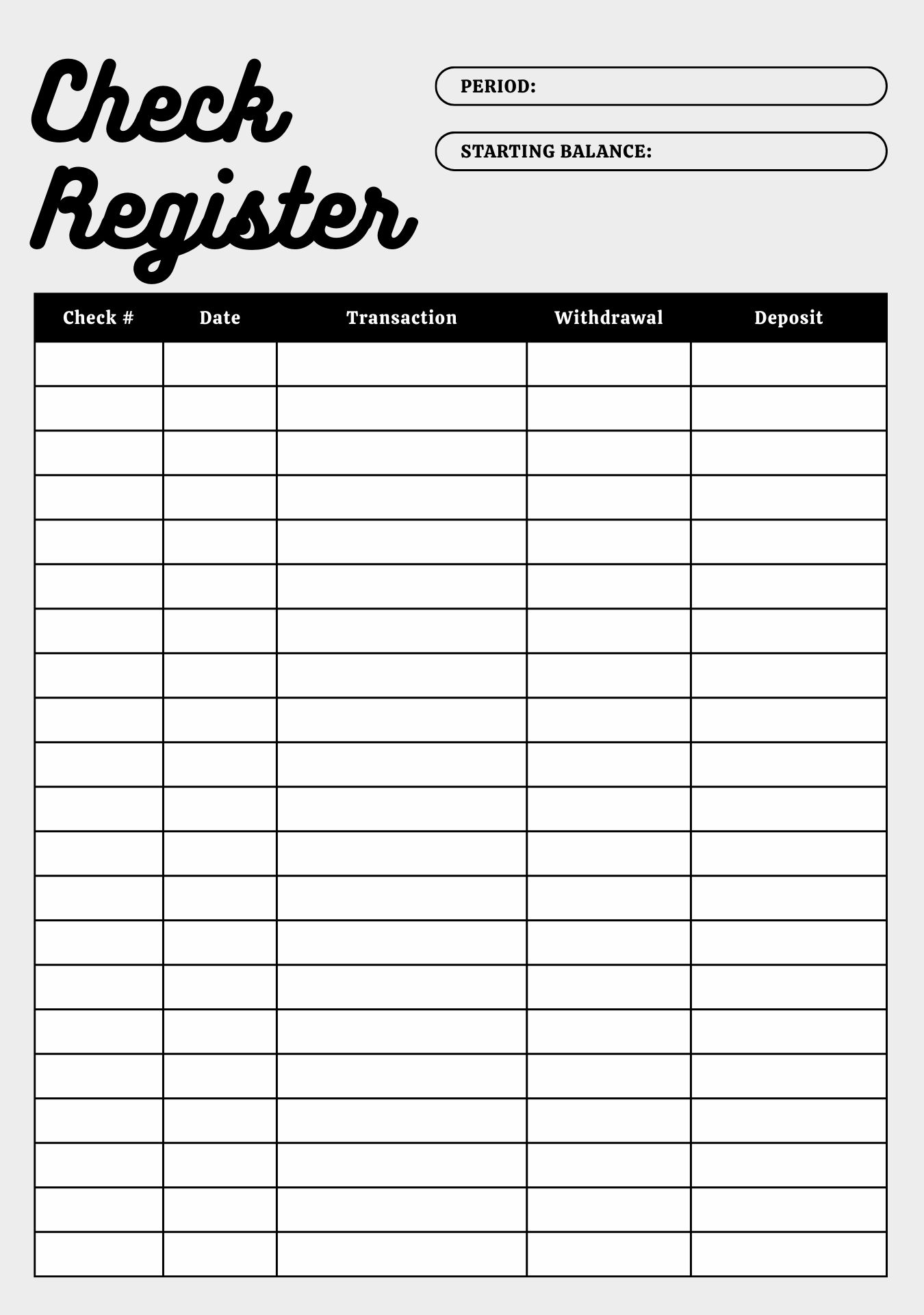 Printable Check Register Checkbook Size Worksheet