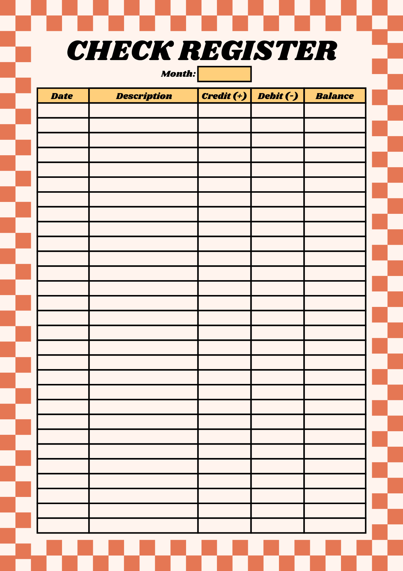 Printable Check Register for Personal Checkbook