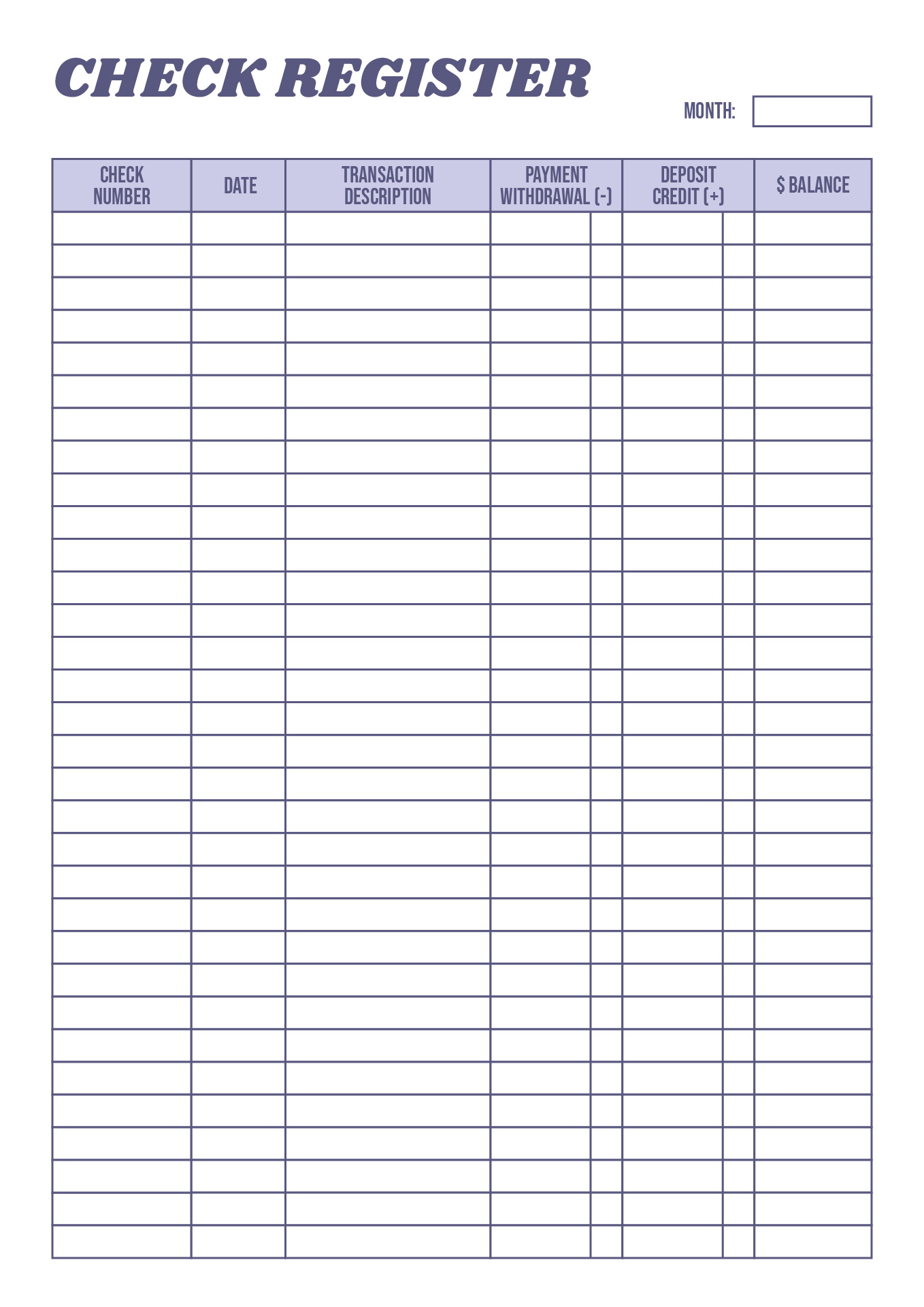 Printable Check Register for Standard Checkbook