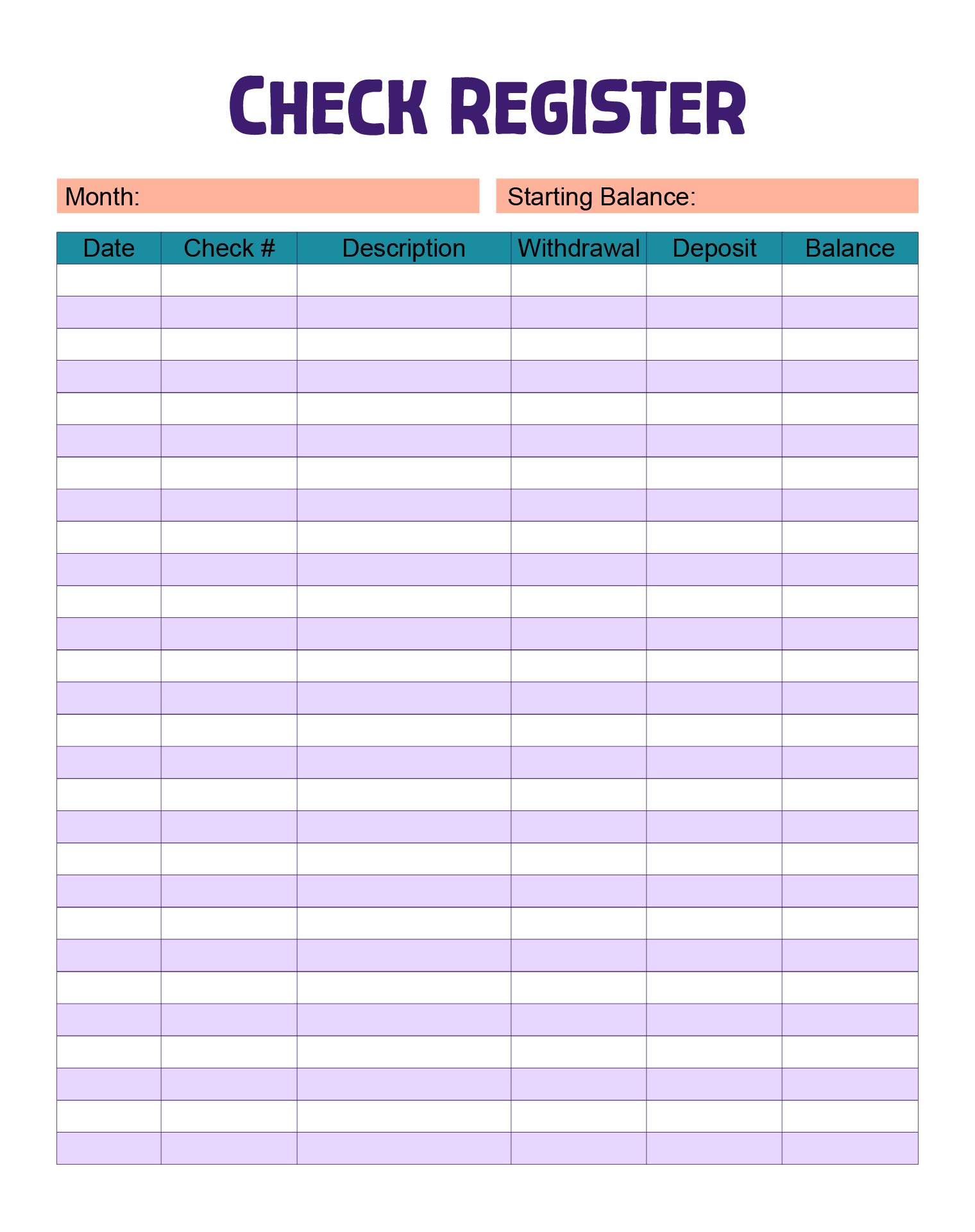 Printable Check Register Pages Printable Check Register Pages