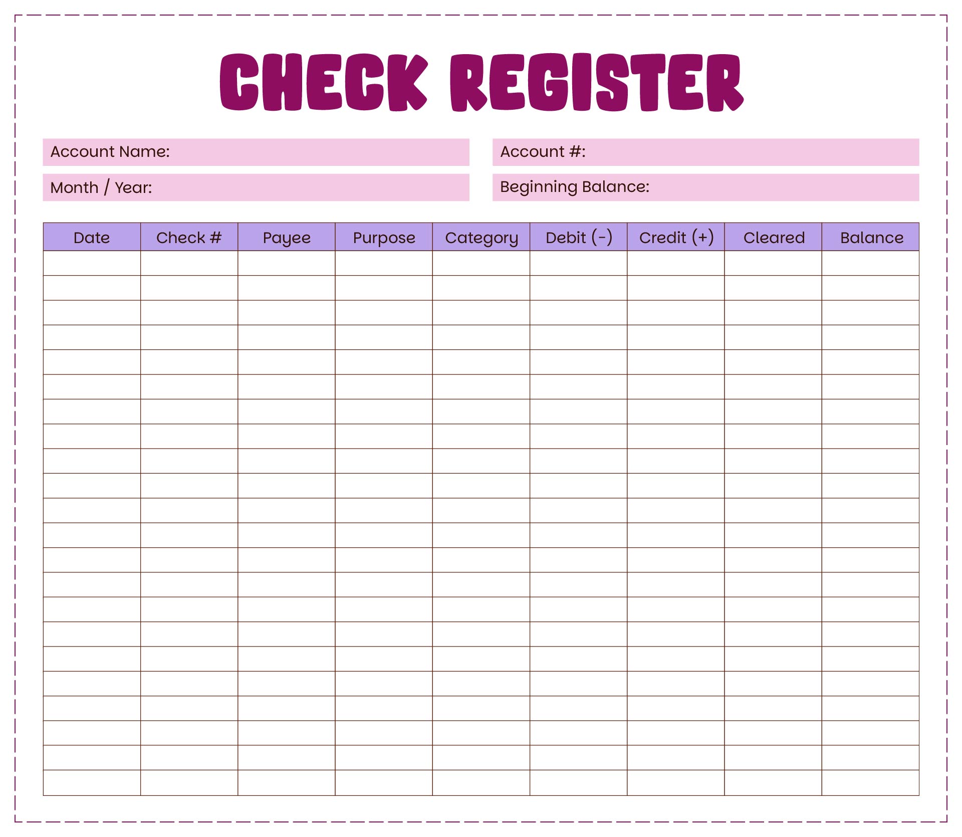 Printable Check Register Spreadsheet
