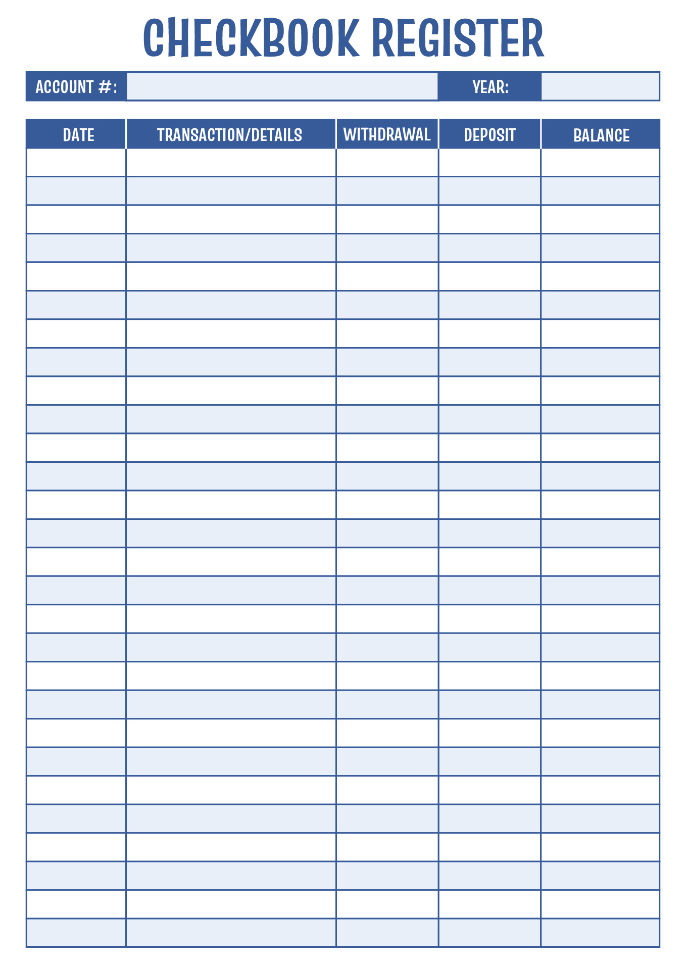 Printable Checkbook Register Ledger Blank