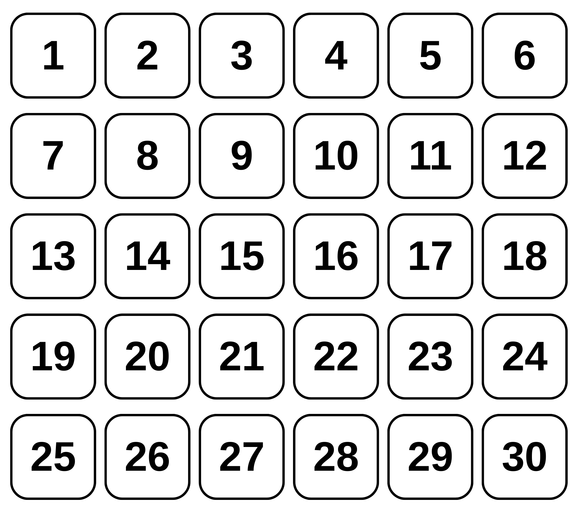 Printable Number Chart 1-30 in Black and White