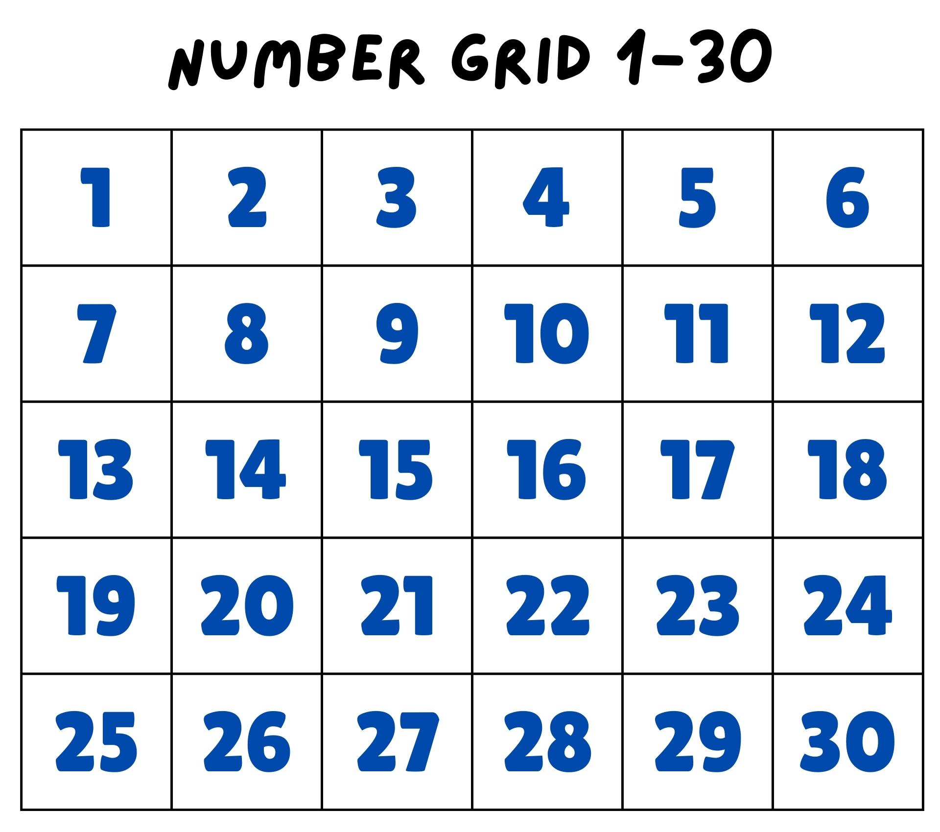 Printable Number Grid 1 to 30 for Classroom