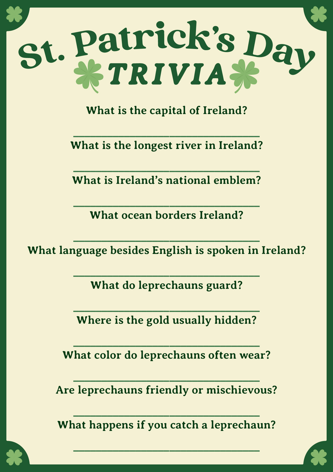 Printable St Patricks Day Trivia Questions