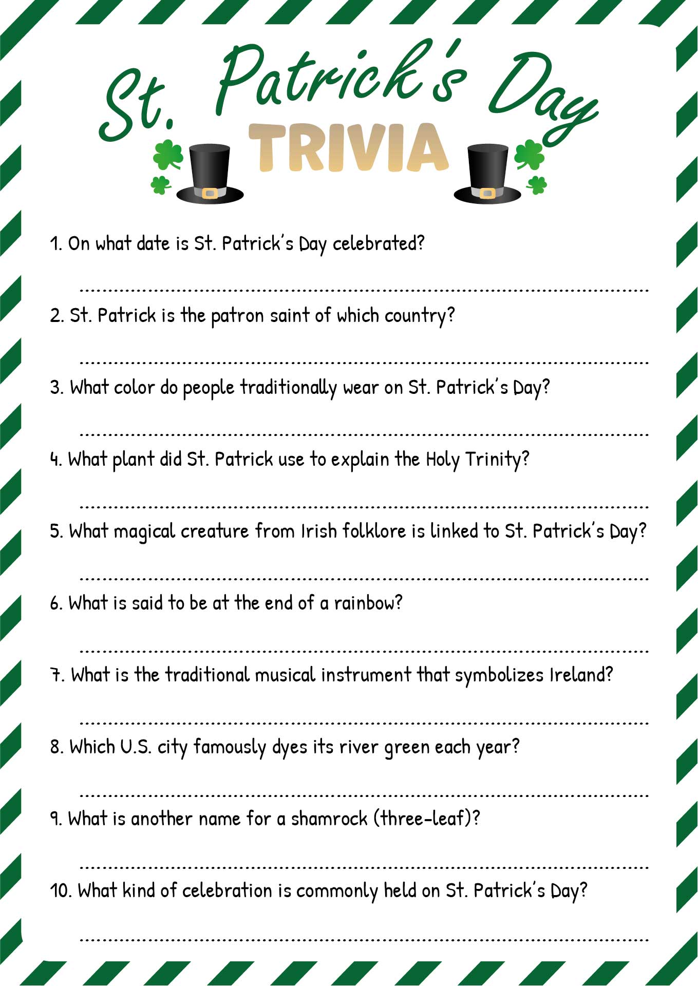 Printable St Patricks Day Trivia Quizzes