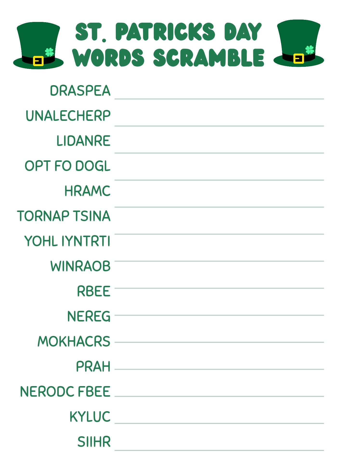 Printable St. Patricks Day Word Scramble for Adults