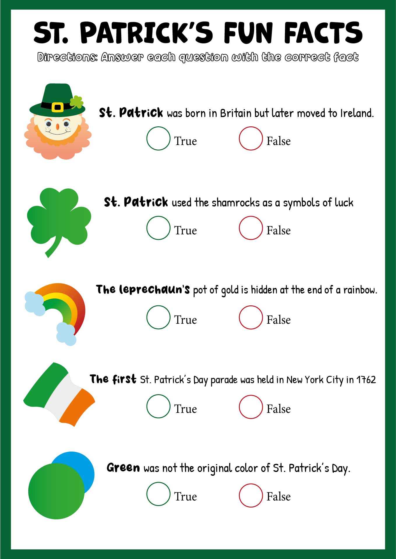 St Patricks Day Facts Worksheets
