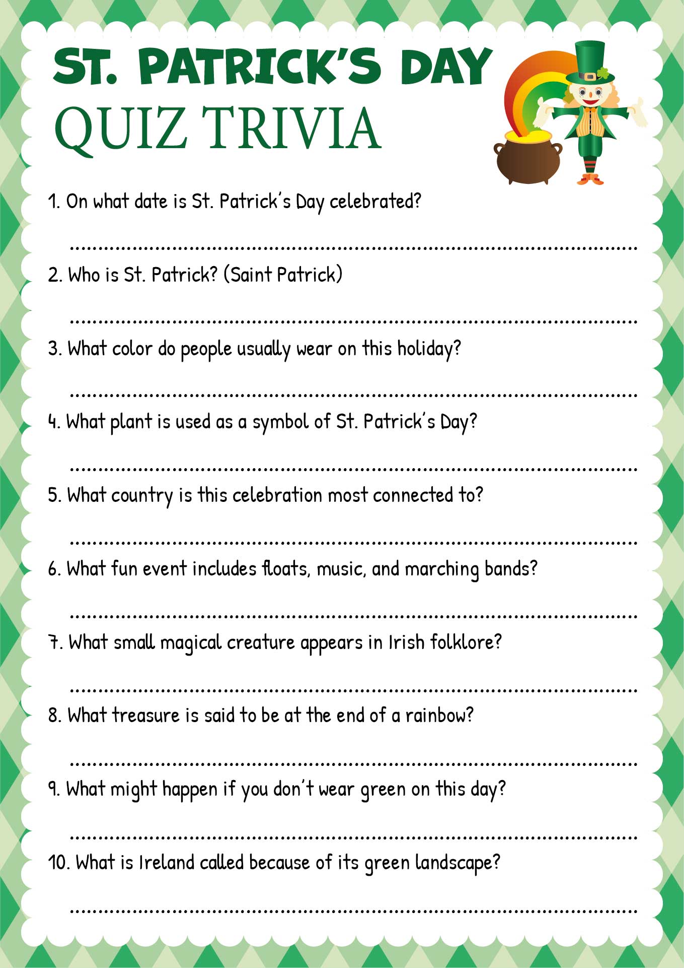 St Patricks Day Quiz Sheets