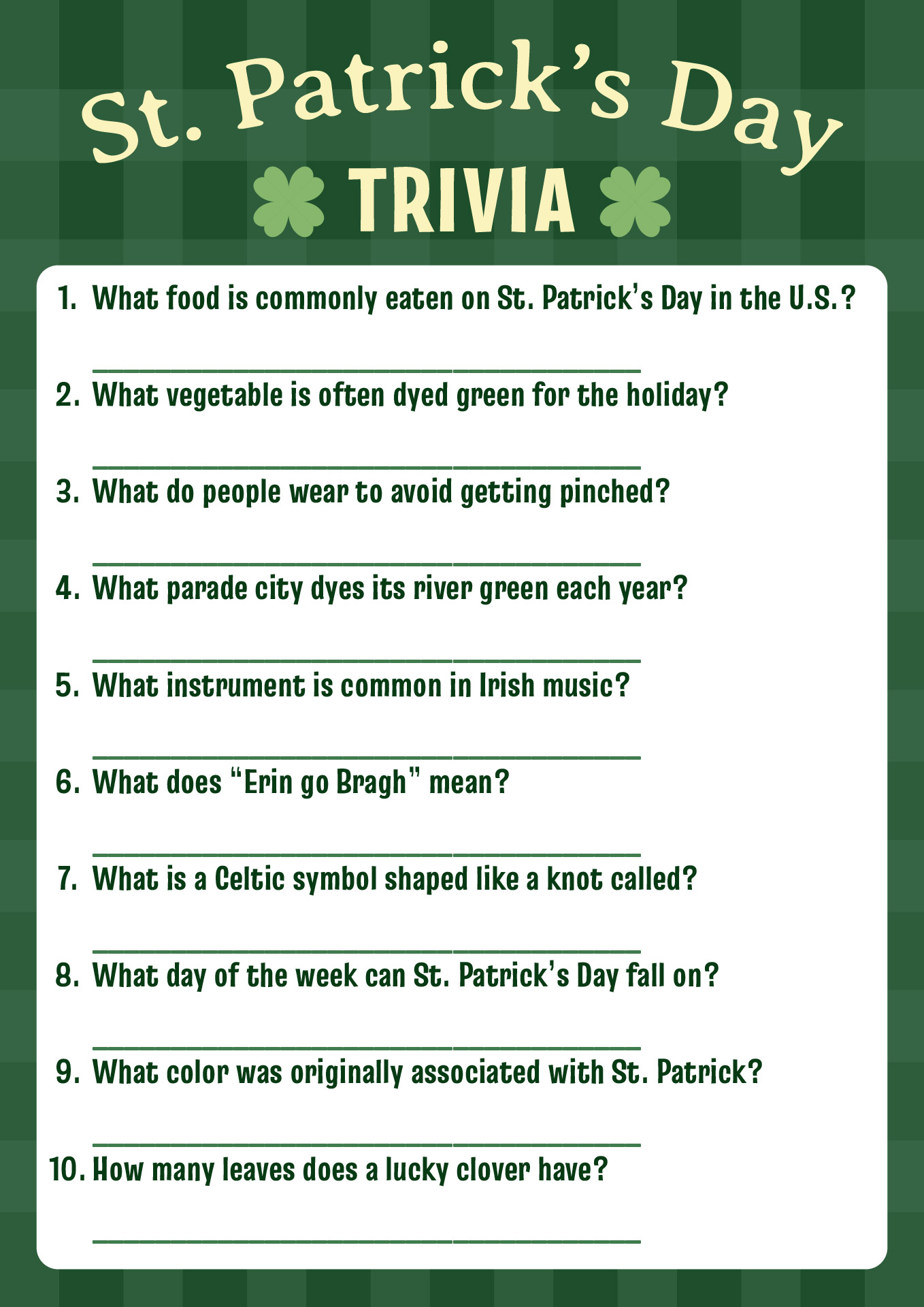 St Patricks Day Trivia Quiz Printable