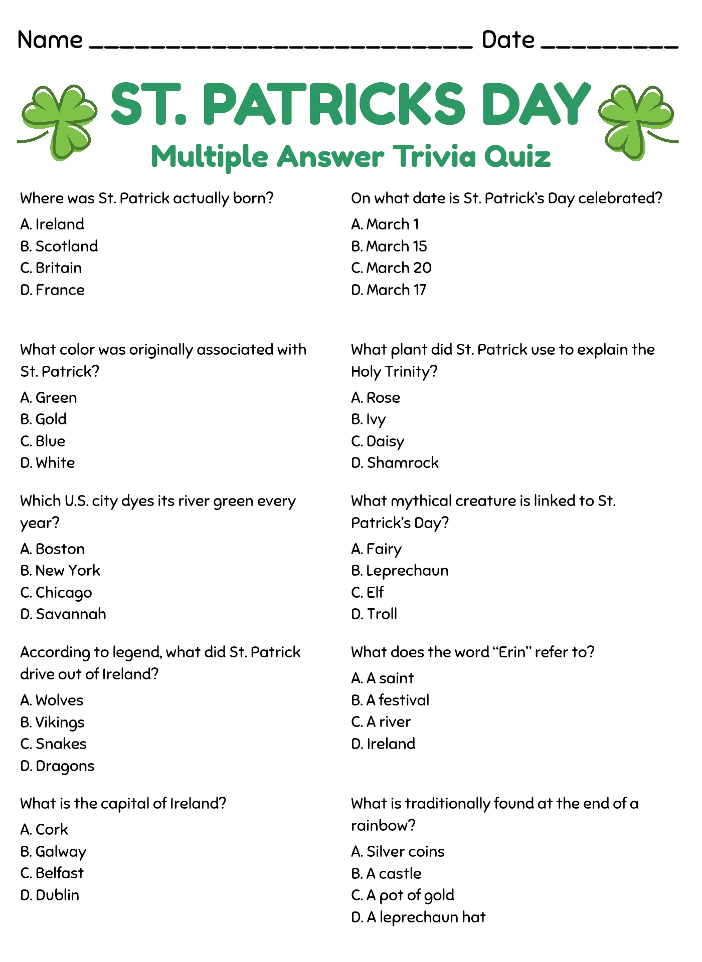 St Patricks Day Trivia Quiz Printables