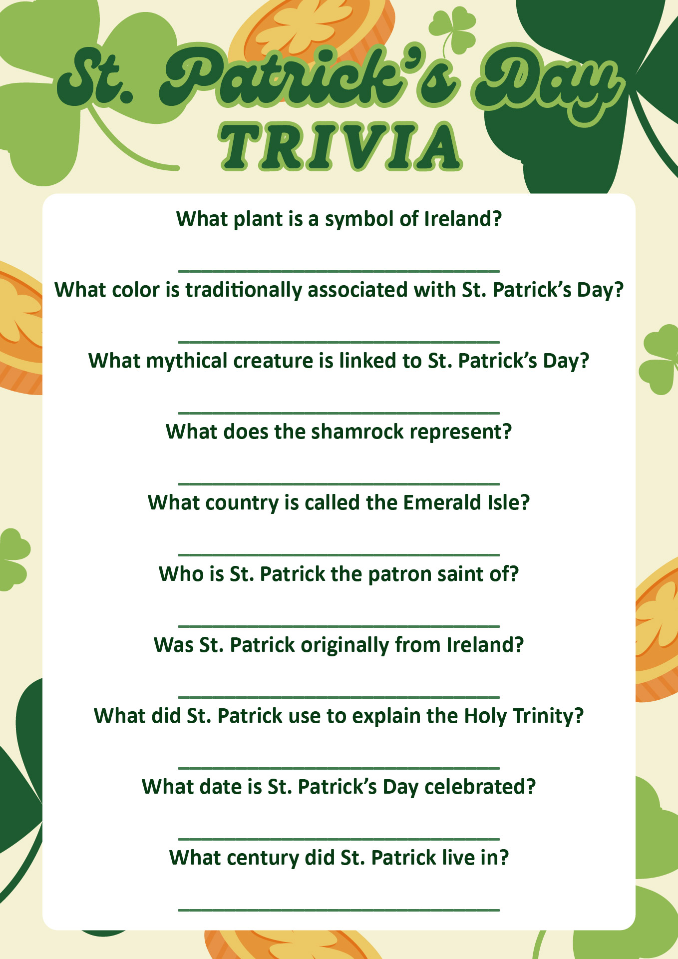 St Patricks Day Trivia Sheets Printable