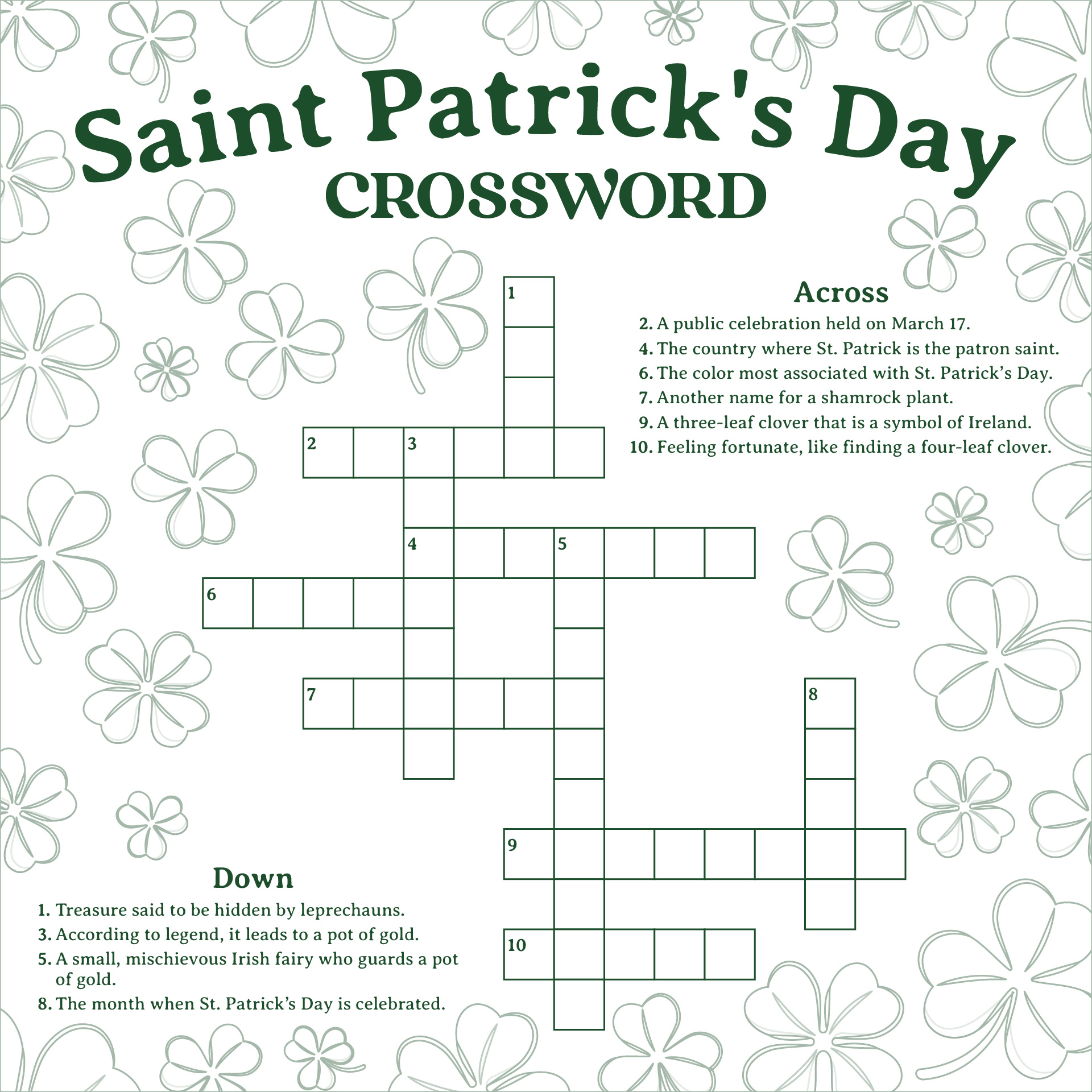 St. Patricks Day Crossword Puzzles Printables