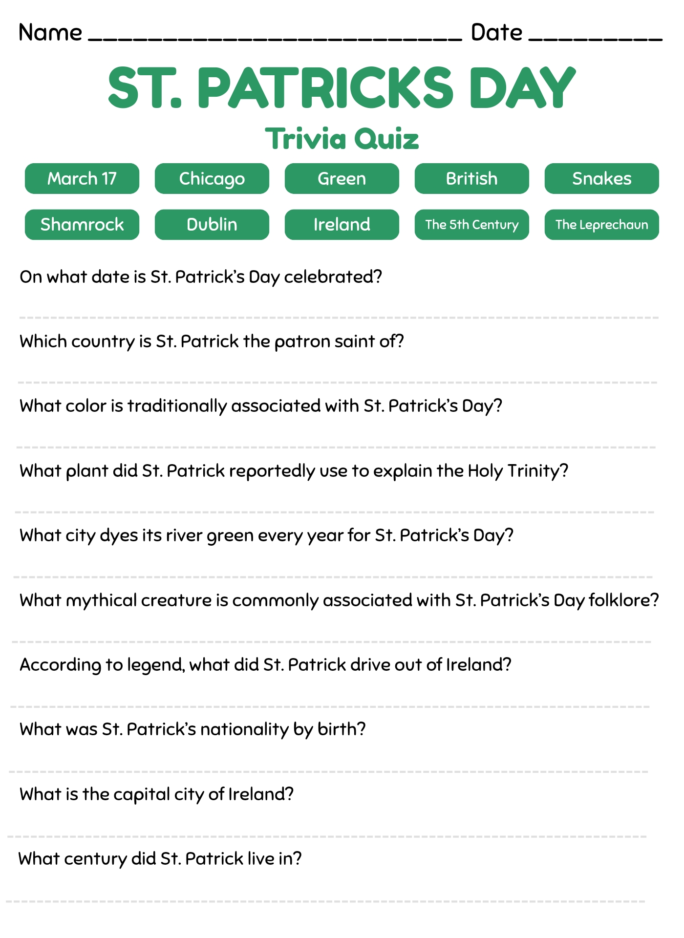 St. Patricks Day Printable Trivia Quiz