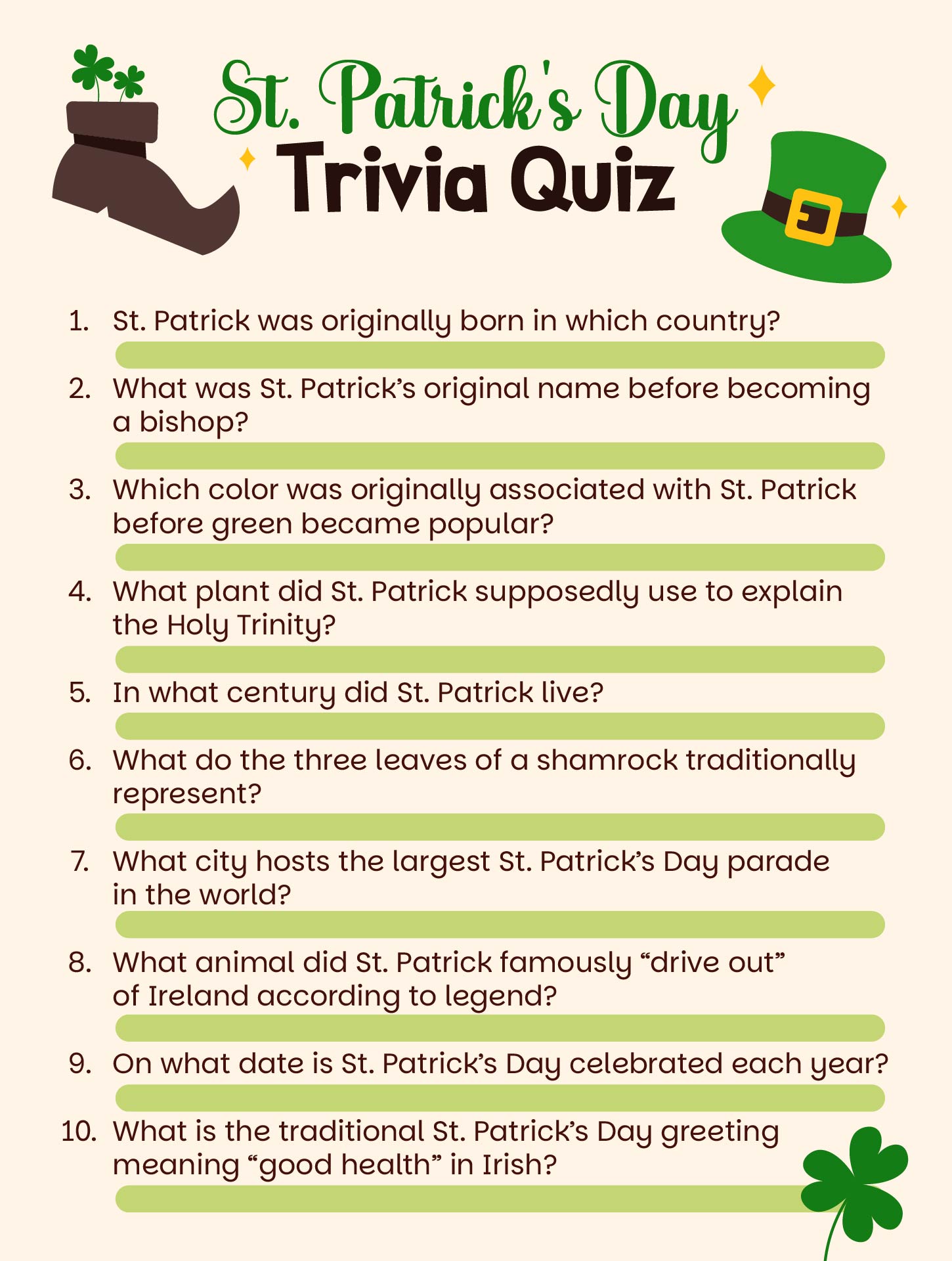 St. Patricks Day Trivia Quiz Sheets for Adults