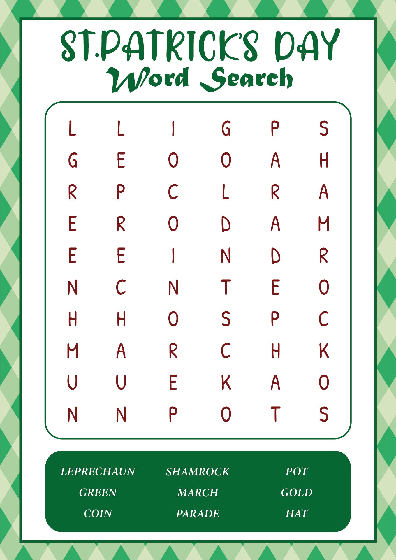 St. Patricks Day Word Search Printable for Adults