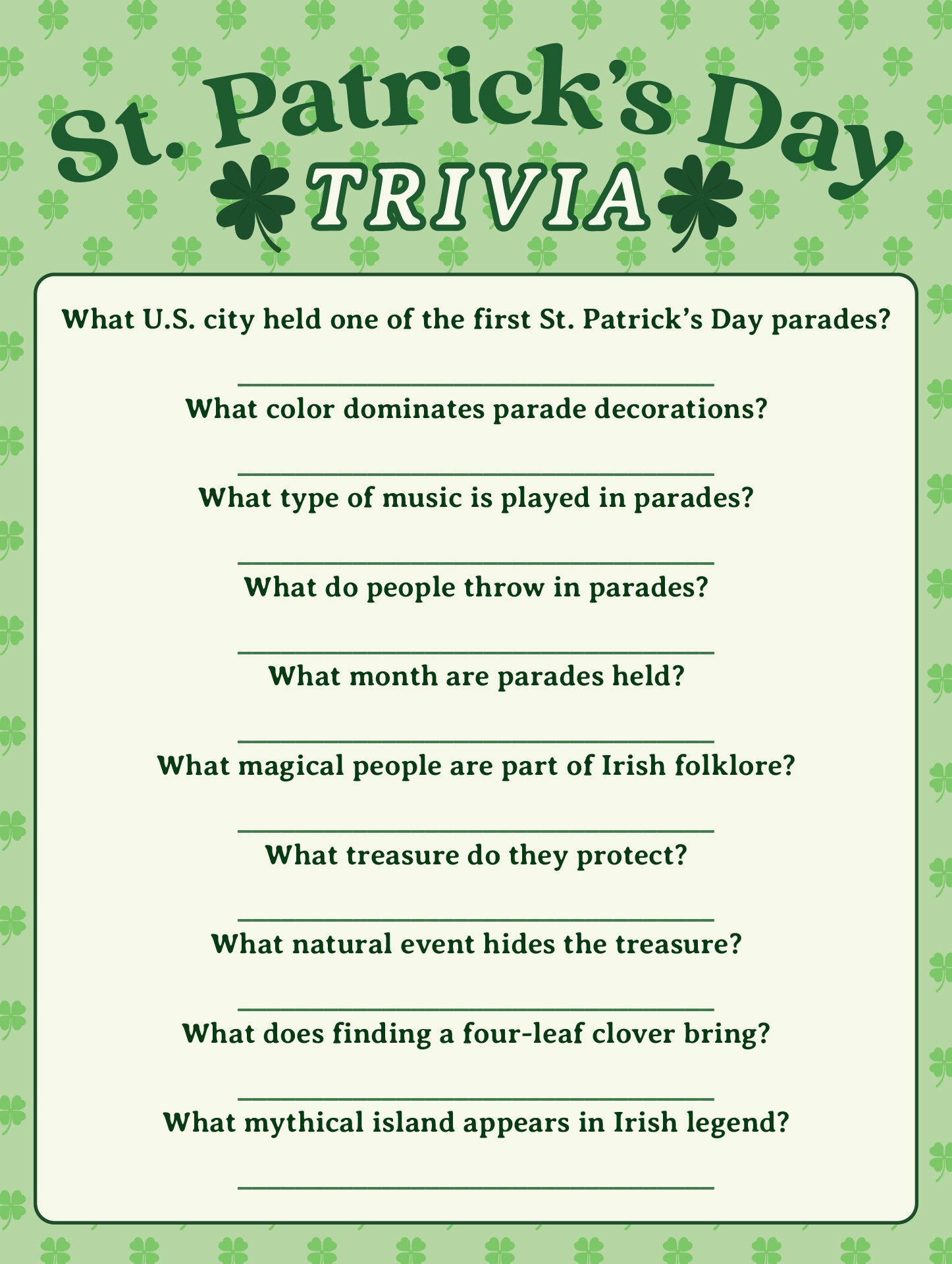 St. Patricks Trivia Quiz Printables
