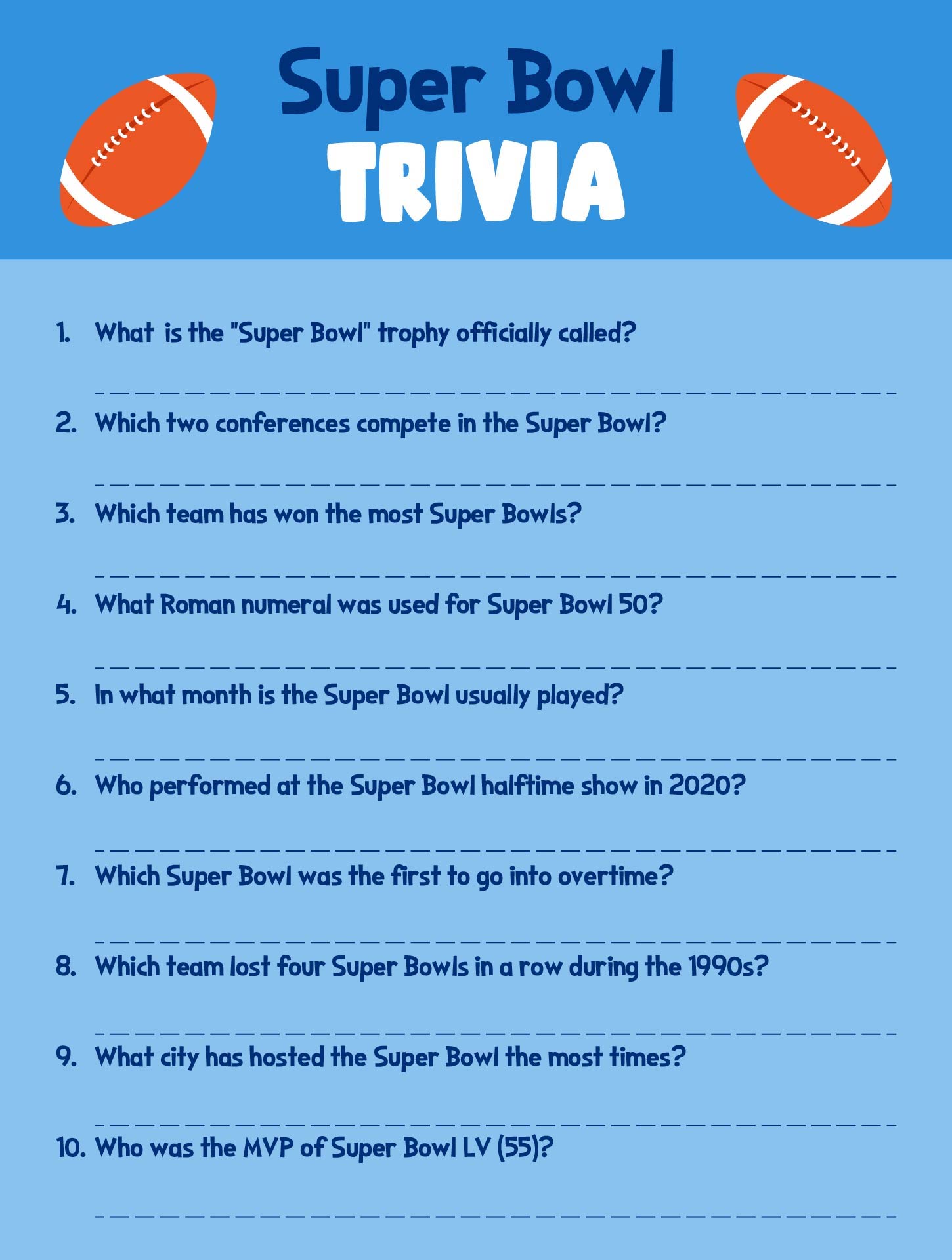 Super Bowl Trivia Quiz Party Game