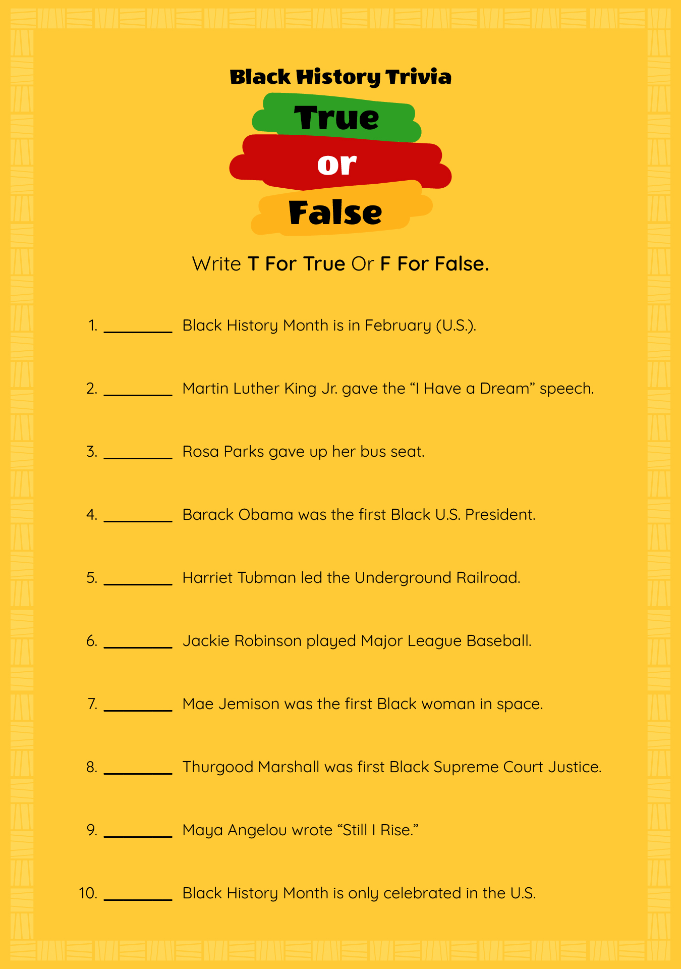 Black History Trivia Game For Kids