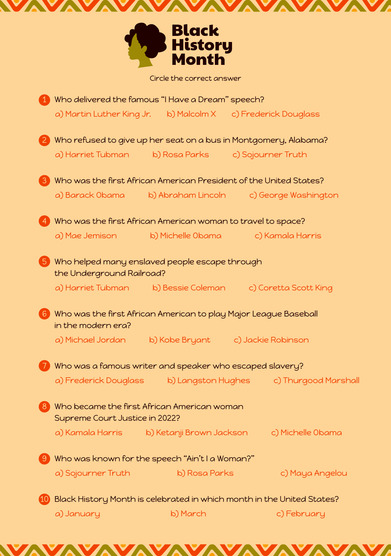 Black History Month Printable Quiz With Answer Key